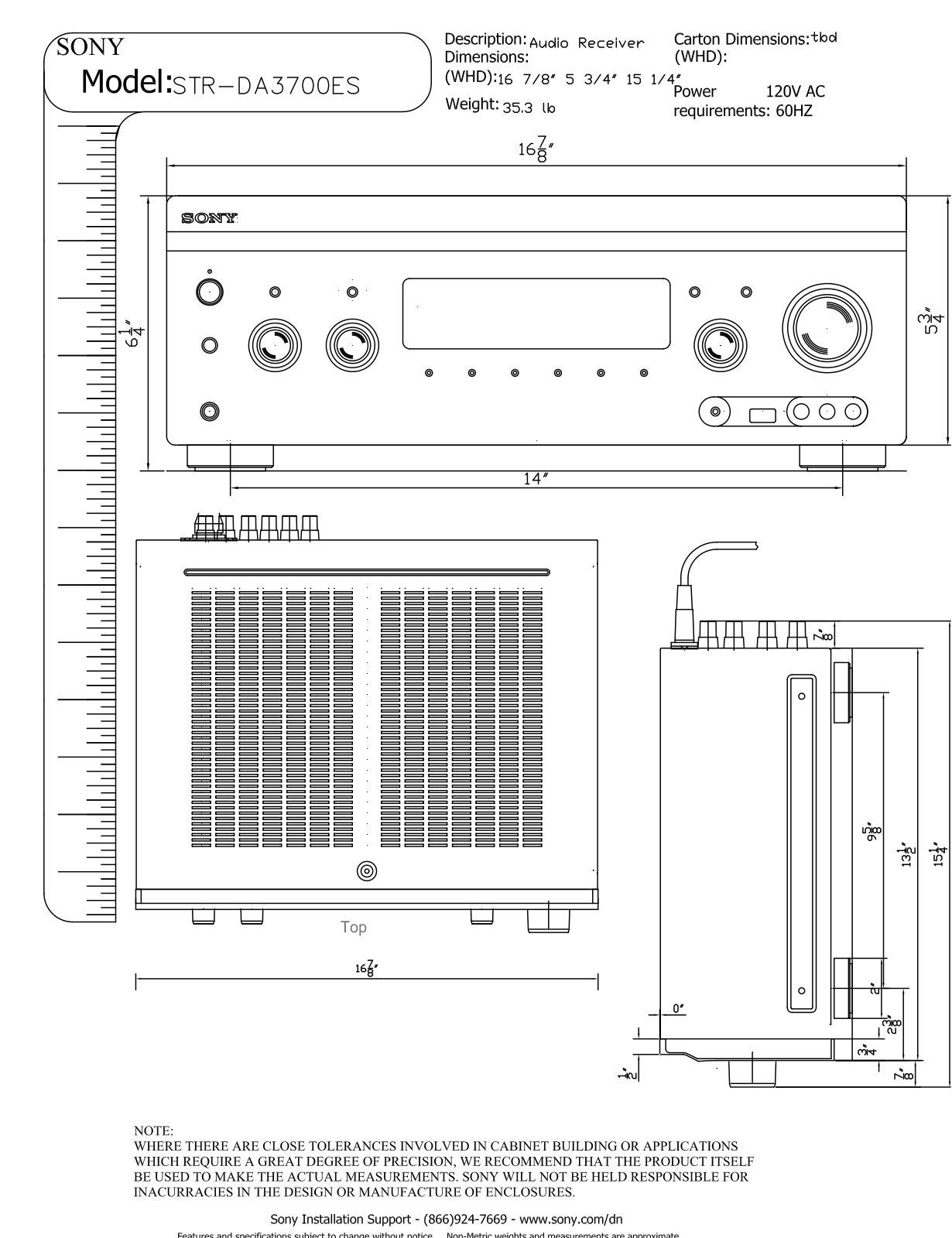 Sony STR-DA3700ES Dimensions Diagram