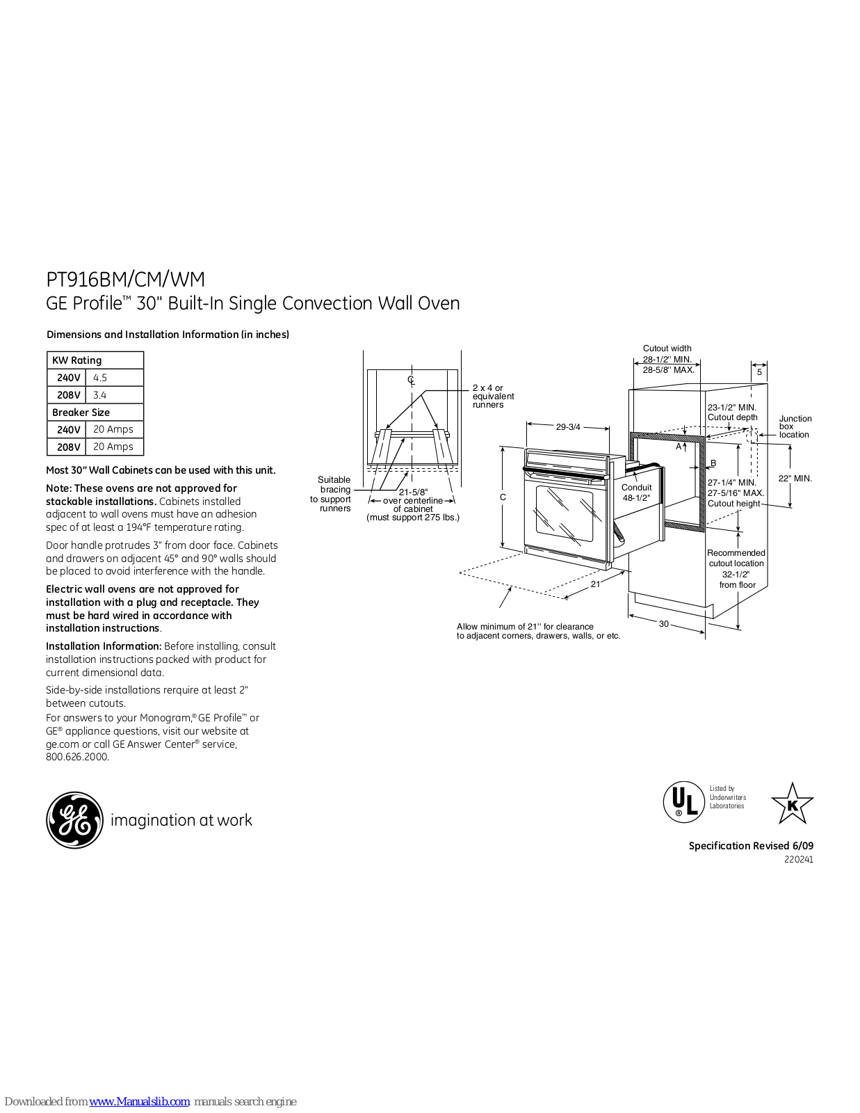 GE Profile PT916, Profile PT916BMBB, Profile PT916CMCC, Profile PT916WMWW Dimensions And Installation Information