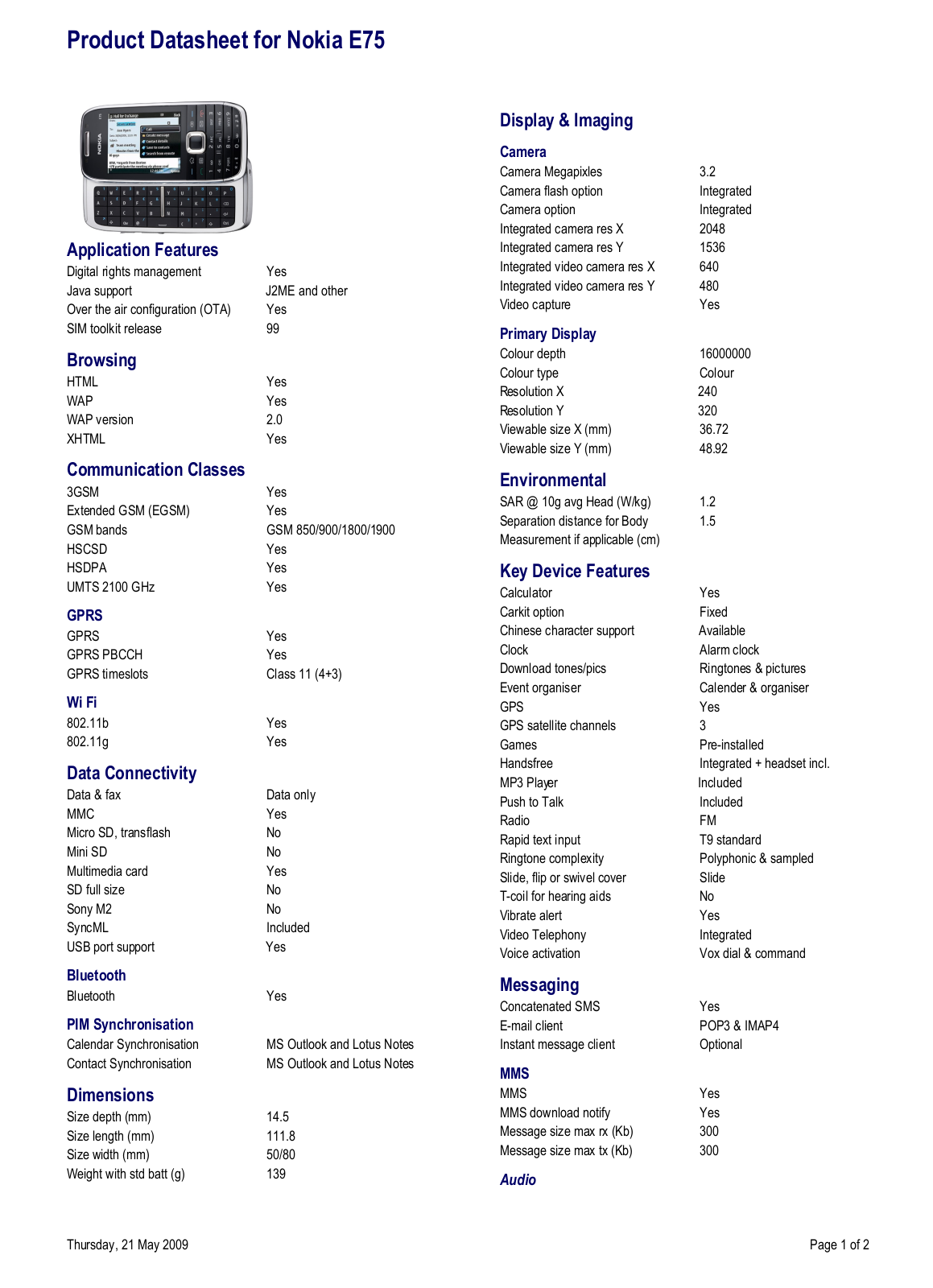 Nokia E75 DATASHEET