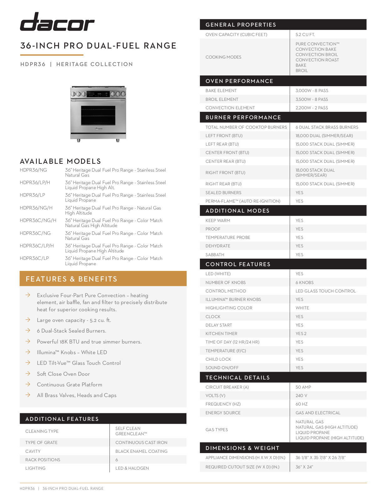 Dacor HDER36SLPH Specifications