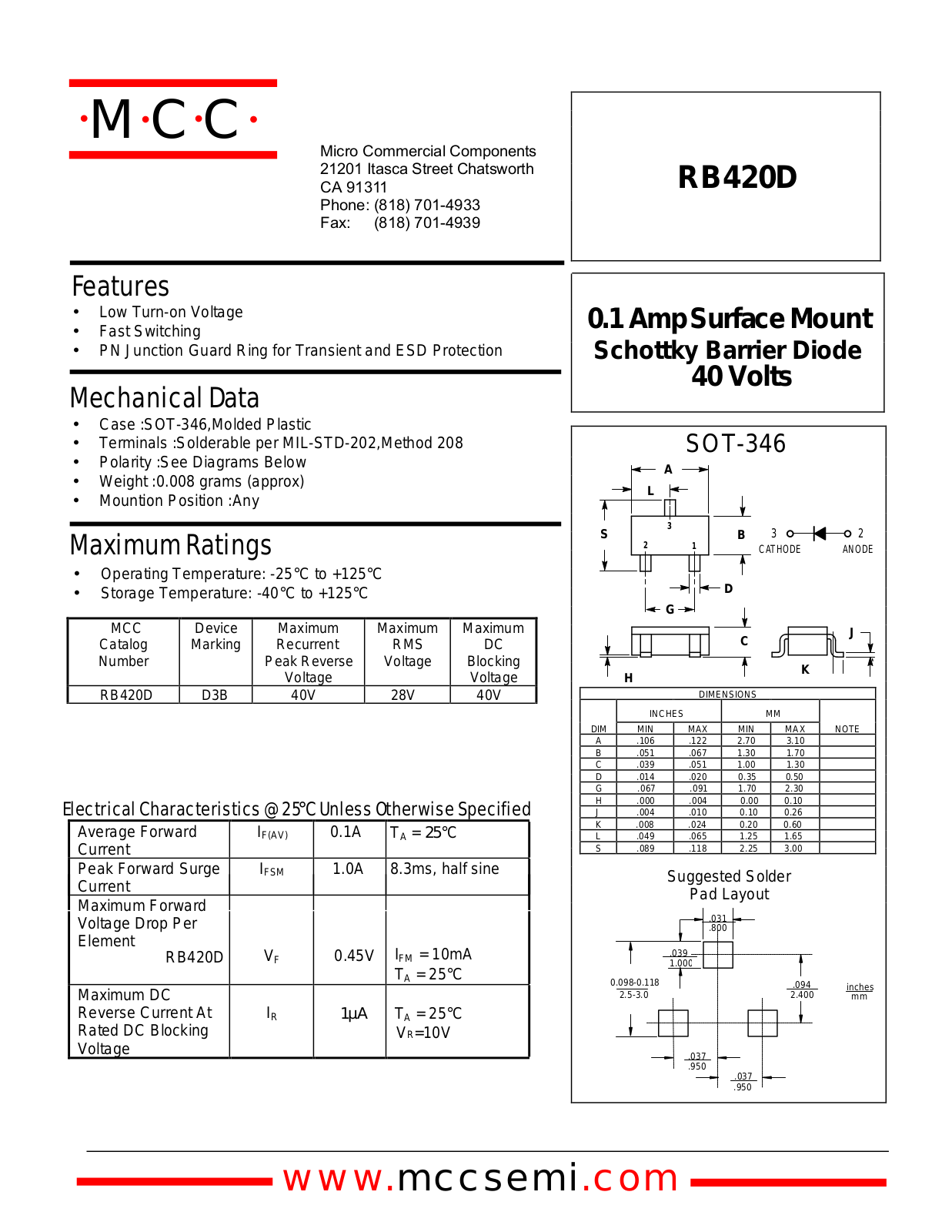 MCC RB420D Datasheet