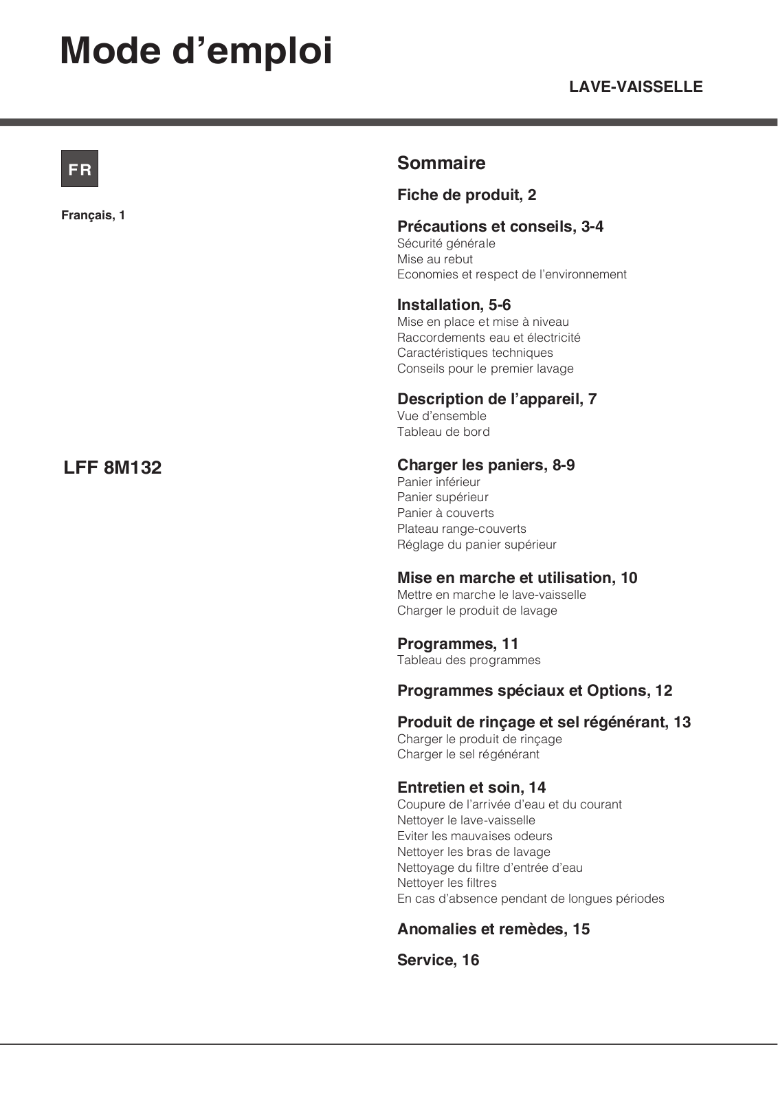 HOTPOINT/ARISTON LFF 8M132 X FR User Manual