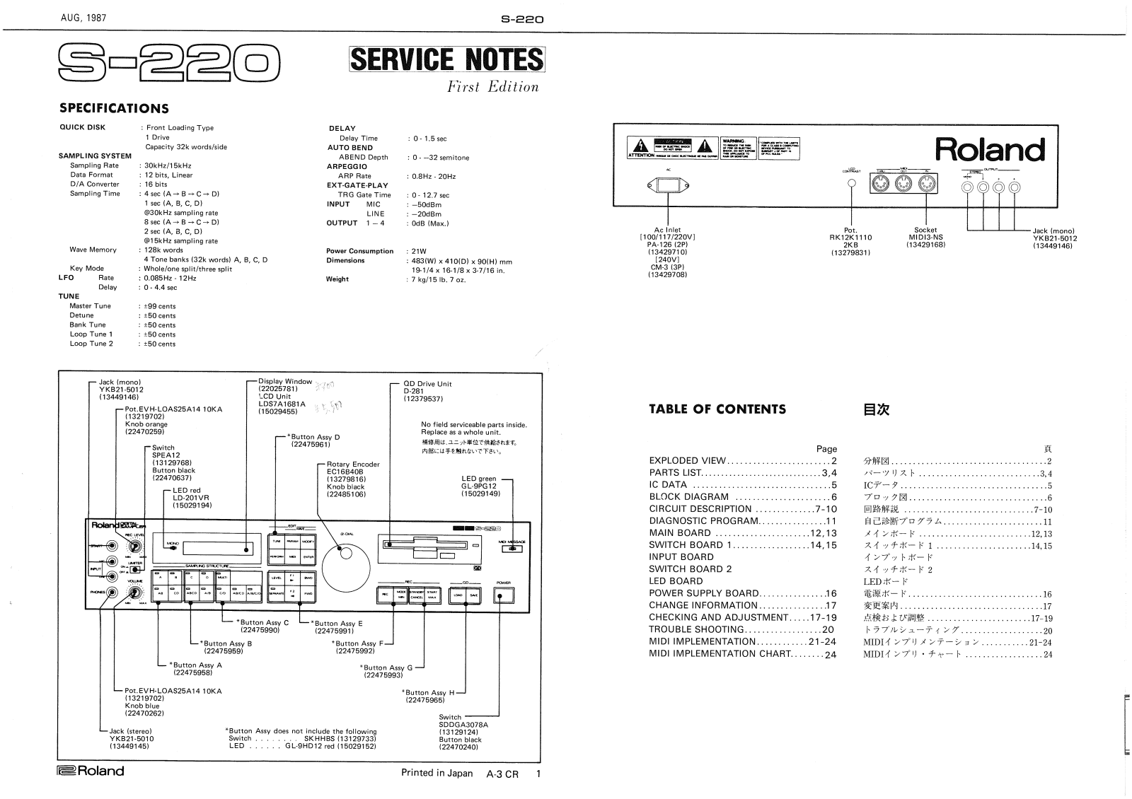 Roland S-220 Service Notes