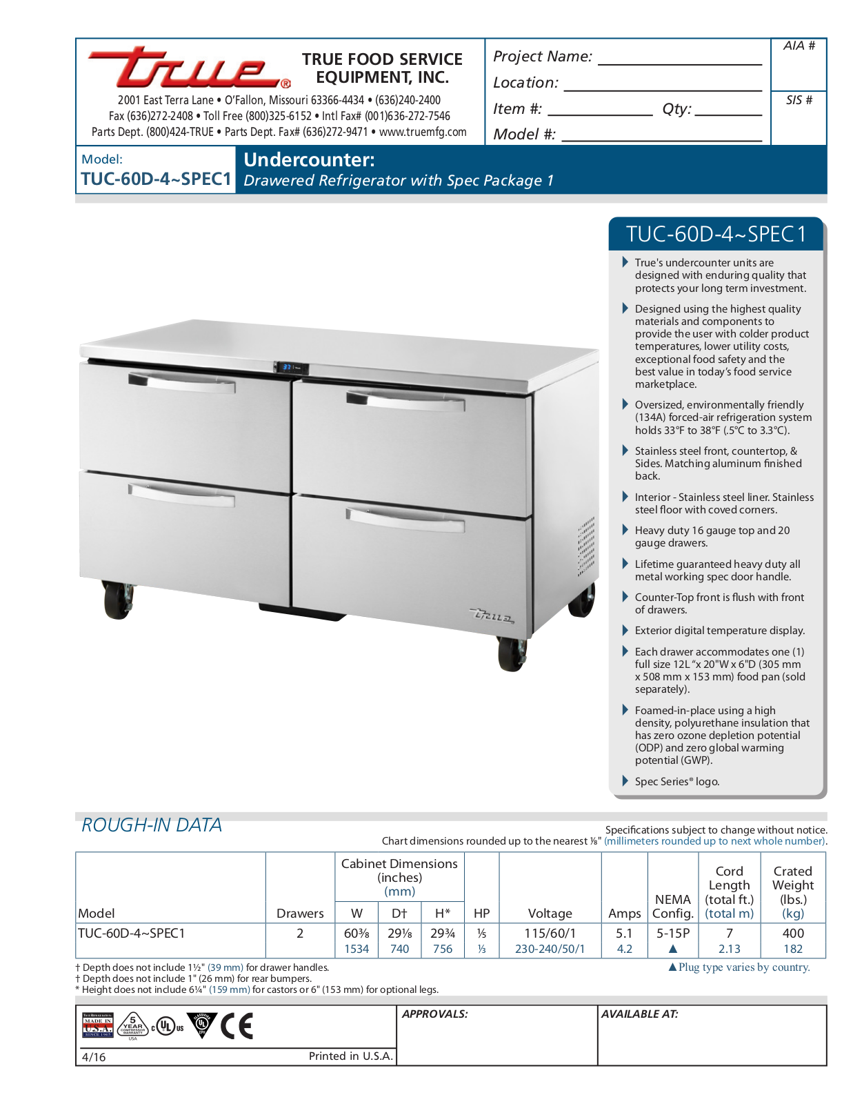 True Refrigeration TUC-60D-4 User Manual