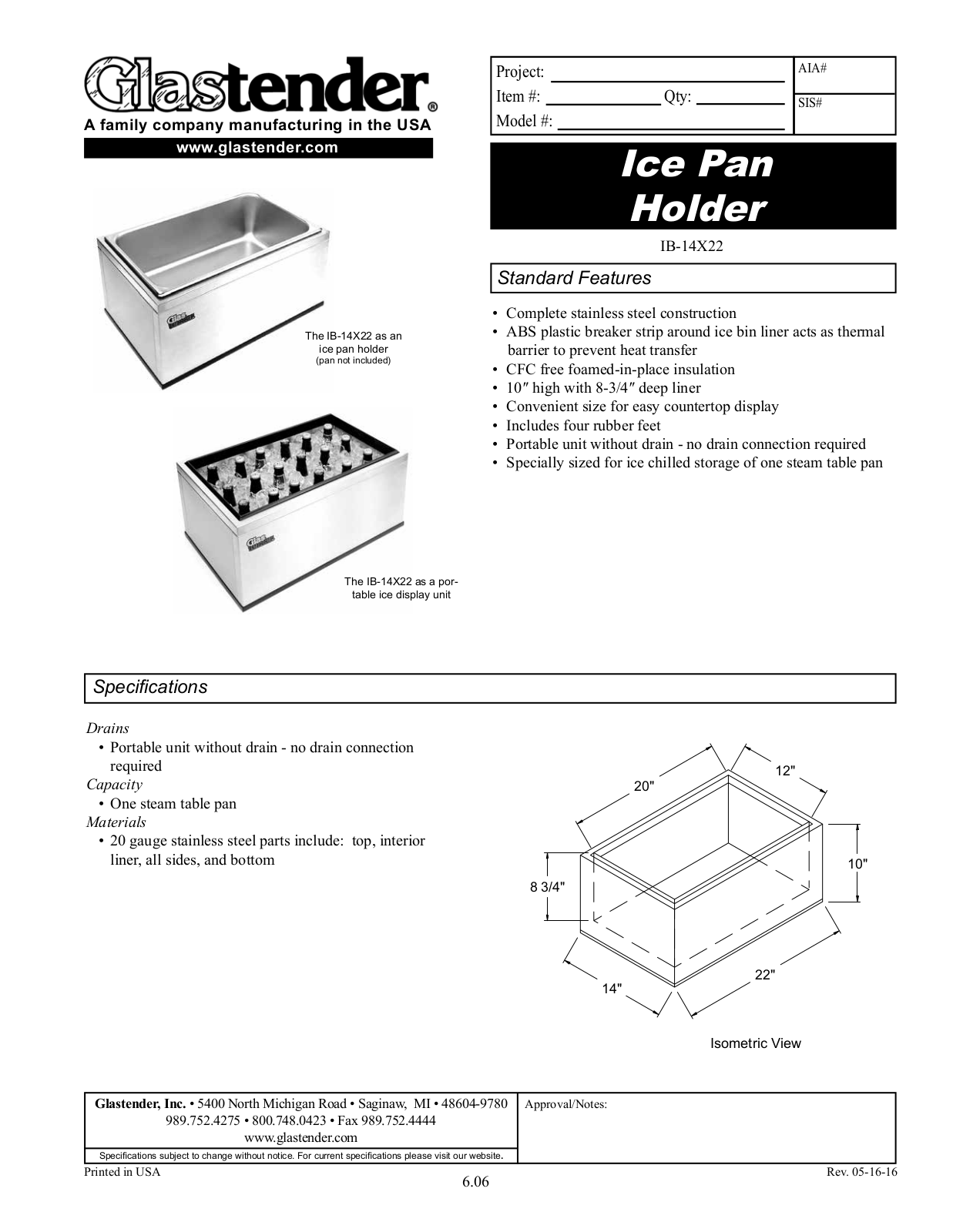 Glastender IB-14X22 User Manual