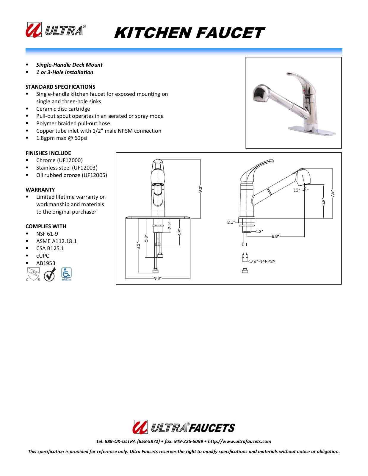 Ultra Faucets LTR10110 Specifications - ManualMachine.com