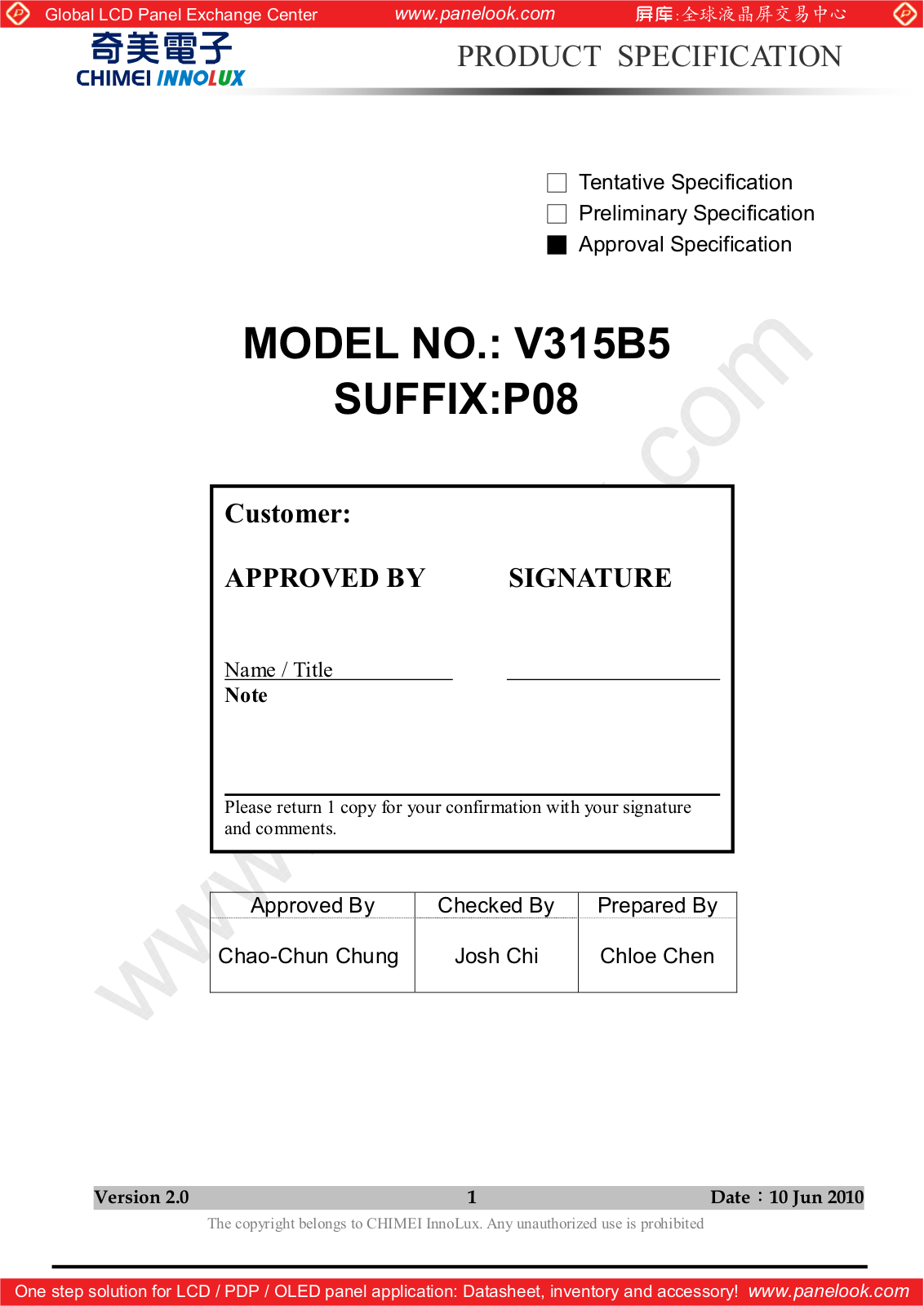 CHIMEI INNOLUX V315B5-P08 Specification