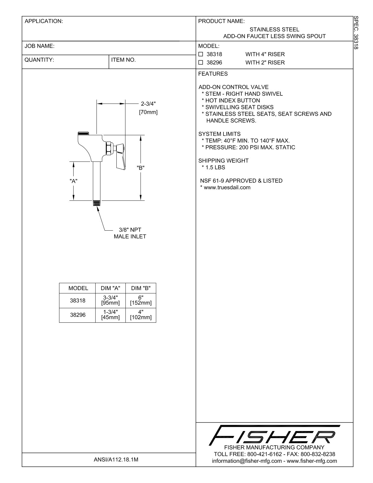 Fisher Manufacturing 38296 User Manual