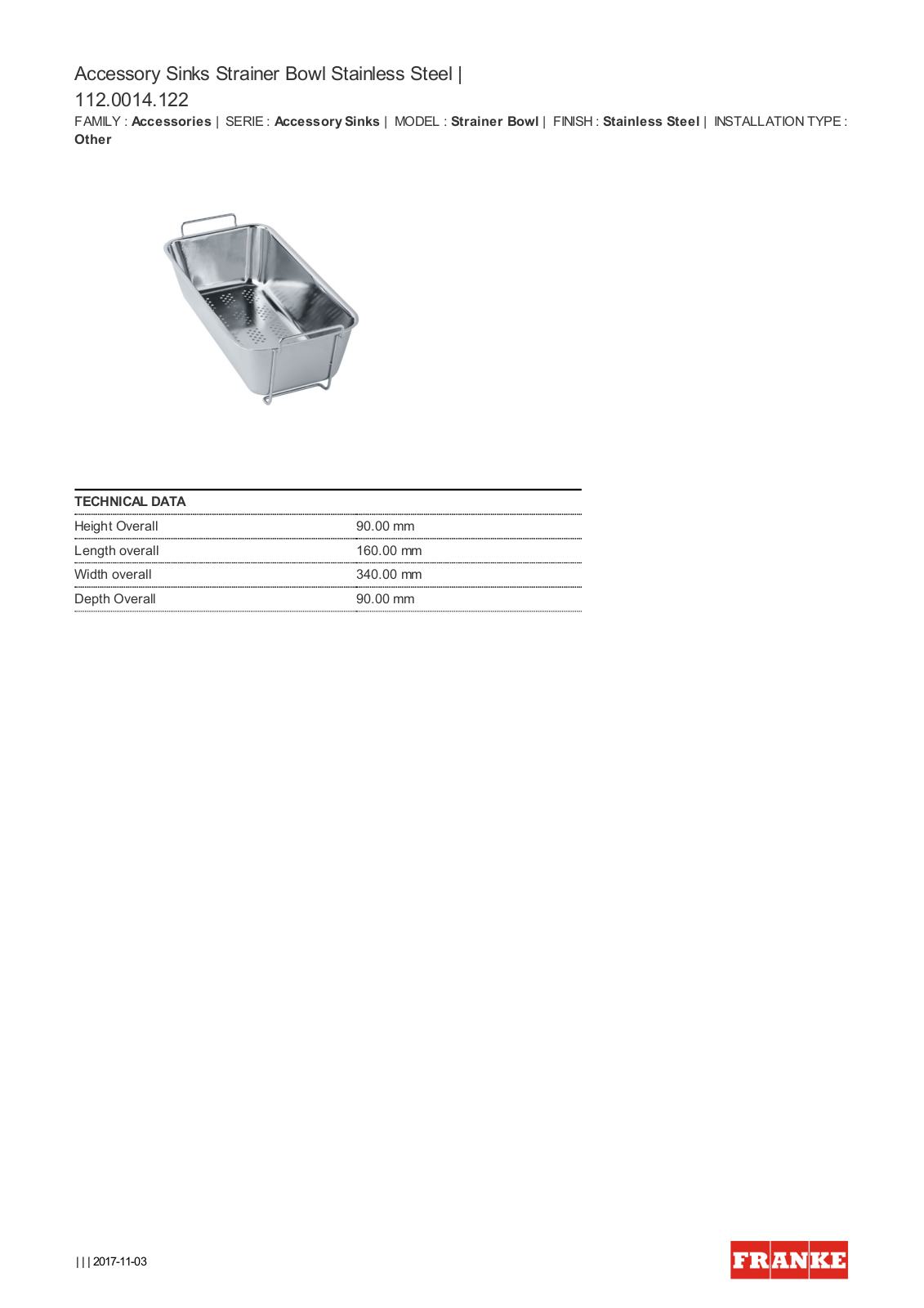 Franke SB122 Specifications Sheet