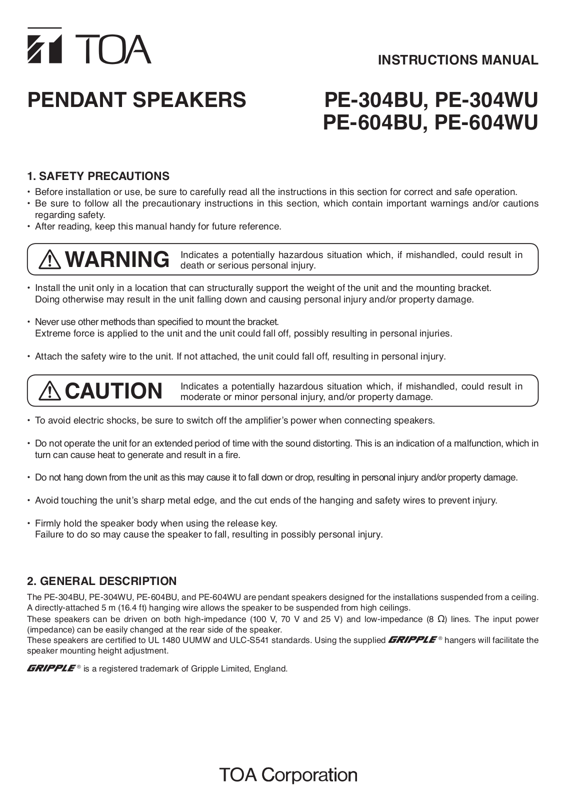 Toa PE-604WU User Manual