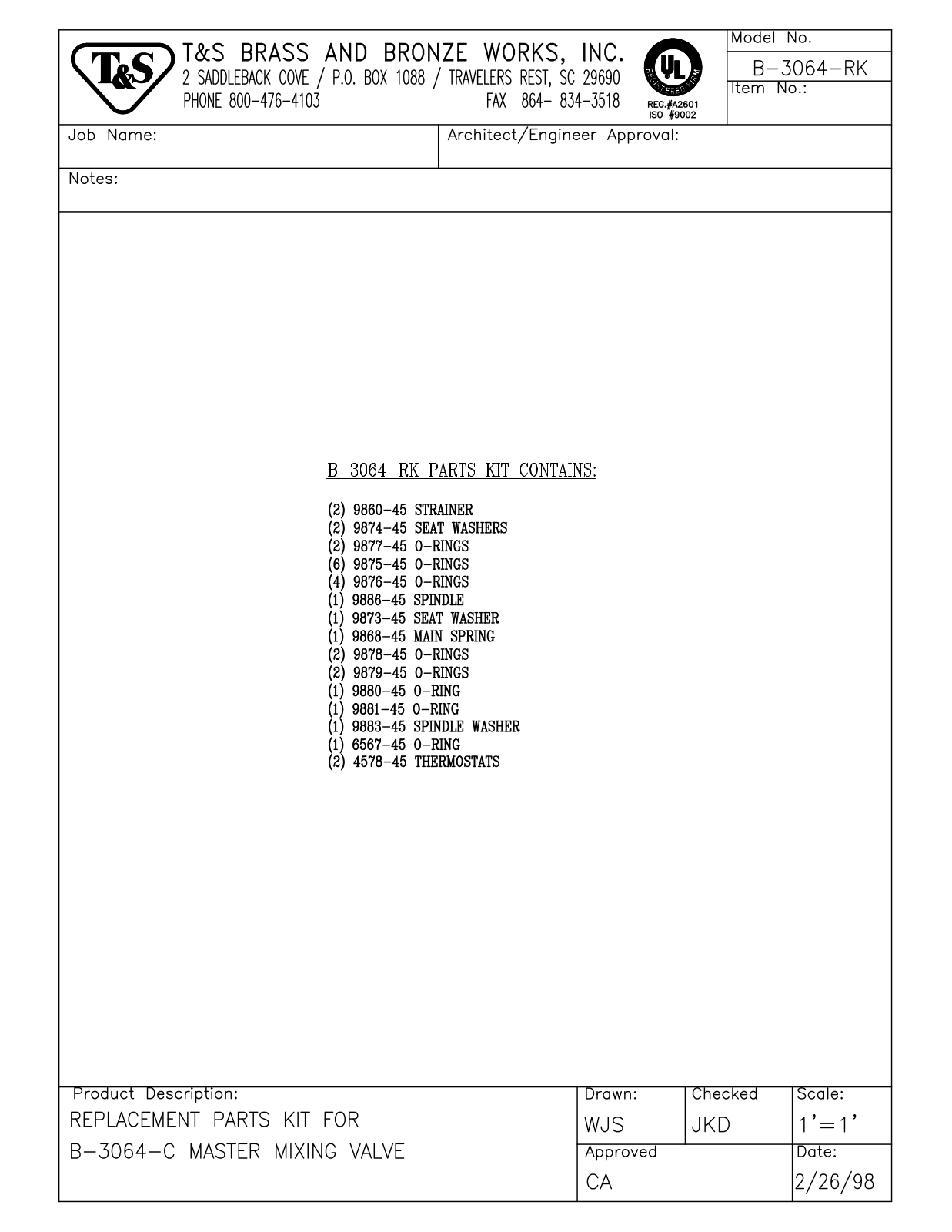 T&S Brass Manuals B-3064-RK Parts List