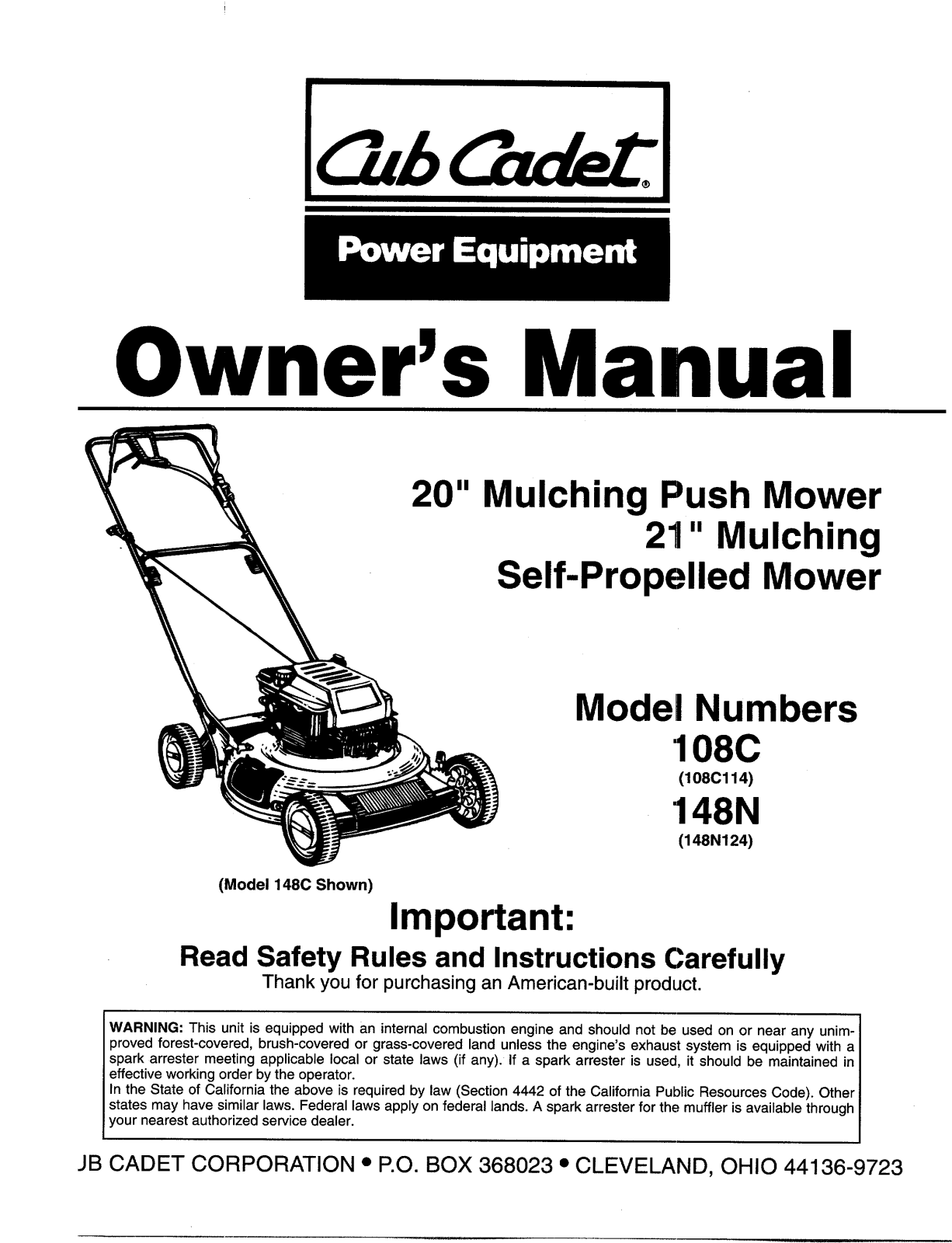 Cub Cadet 148N, 108C User Manual