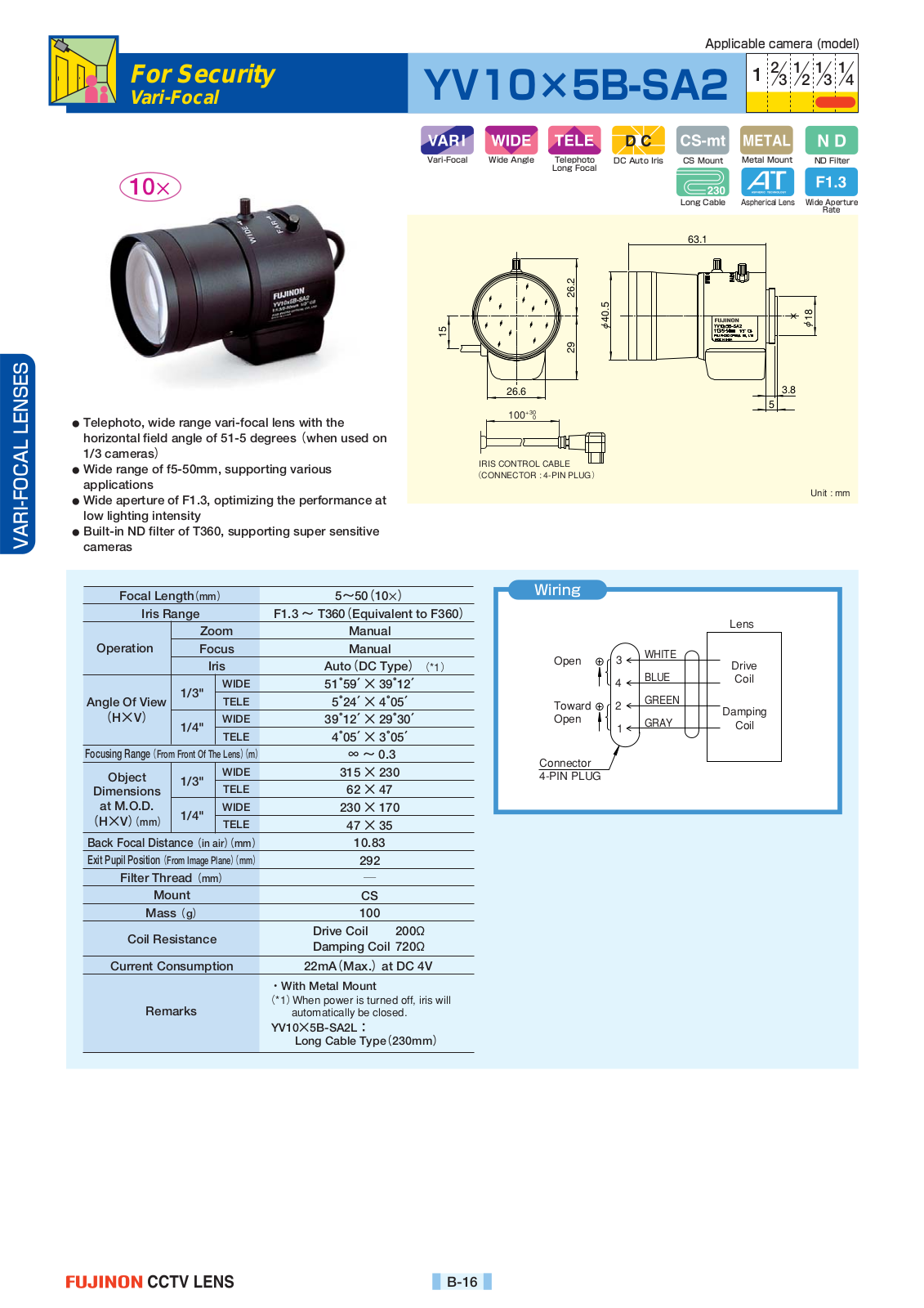 Fujinon YV10x5B-SA2L Specsheet