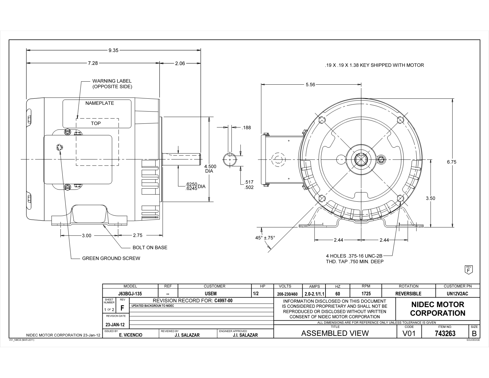 US Motors UN12V2AC Dimensional Sheet