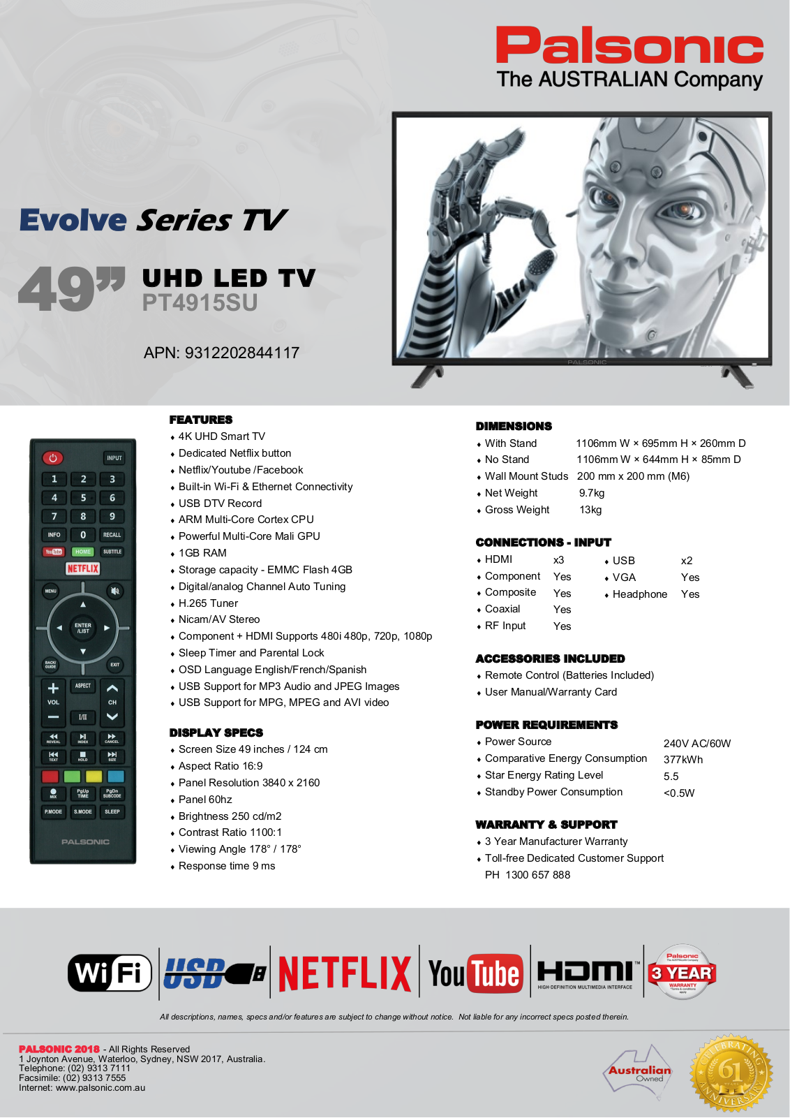 Palsonic PT4915SU Specifications Sheet - ManualMachine.com
