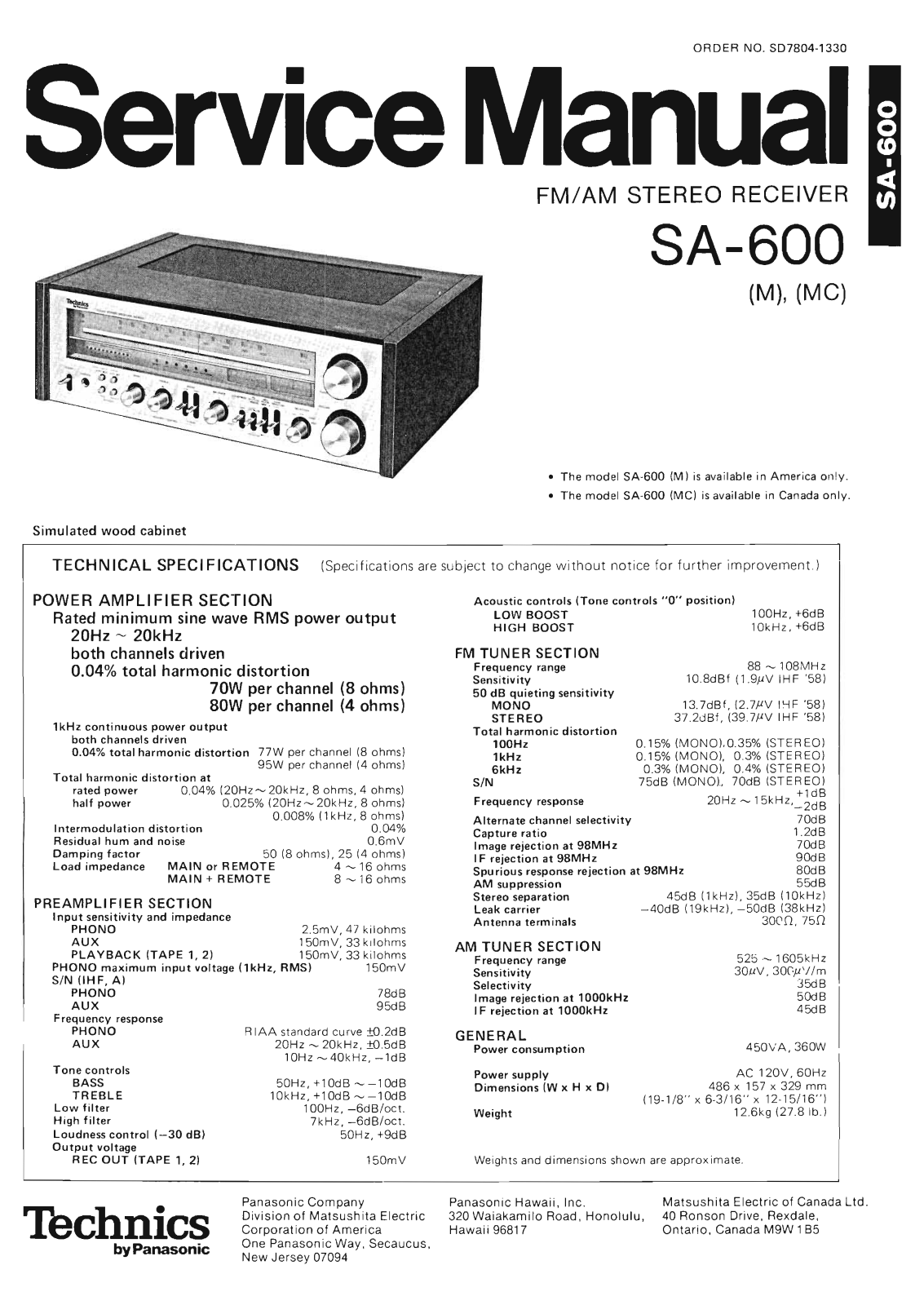 Technics SA-600 Service Manual