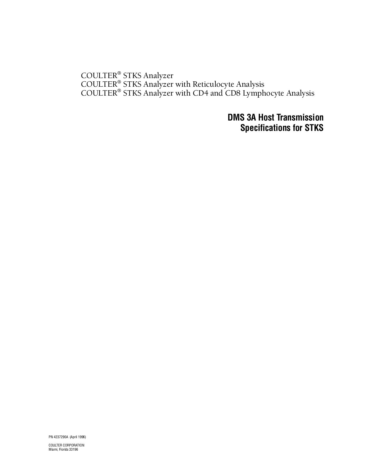 Coulter STKS Host Transmission Specifications