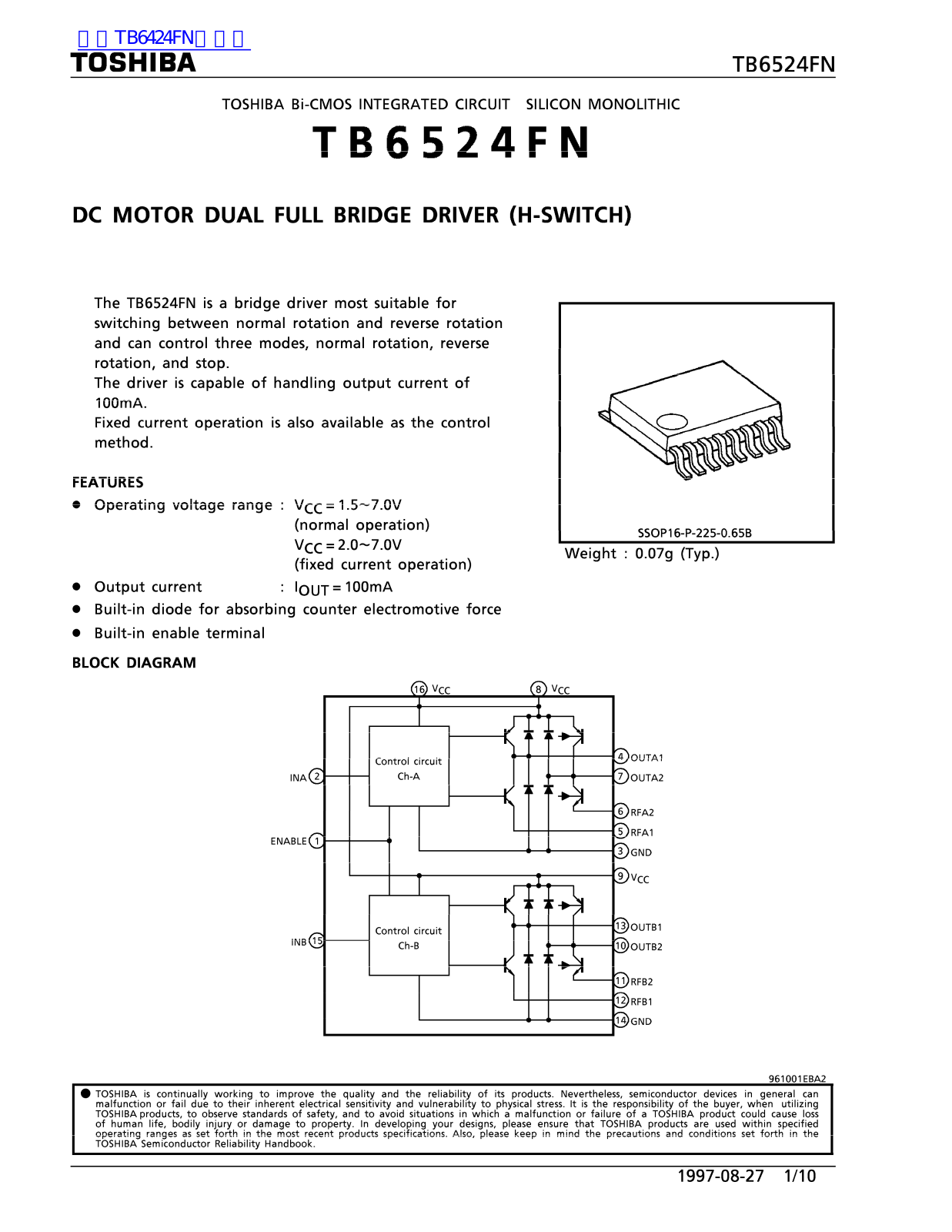 TOSHIBA TB6524FN Technical data