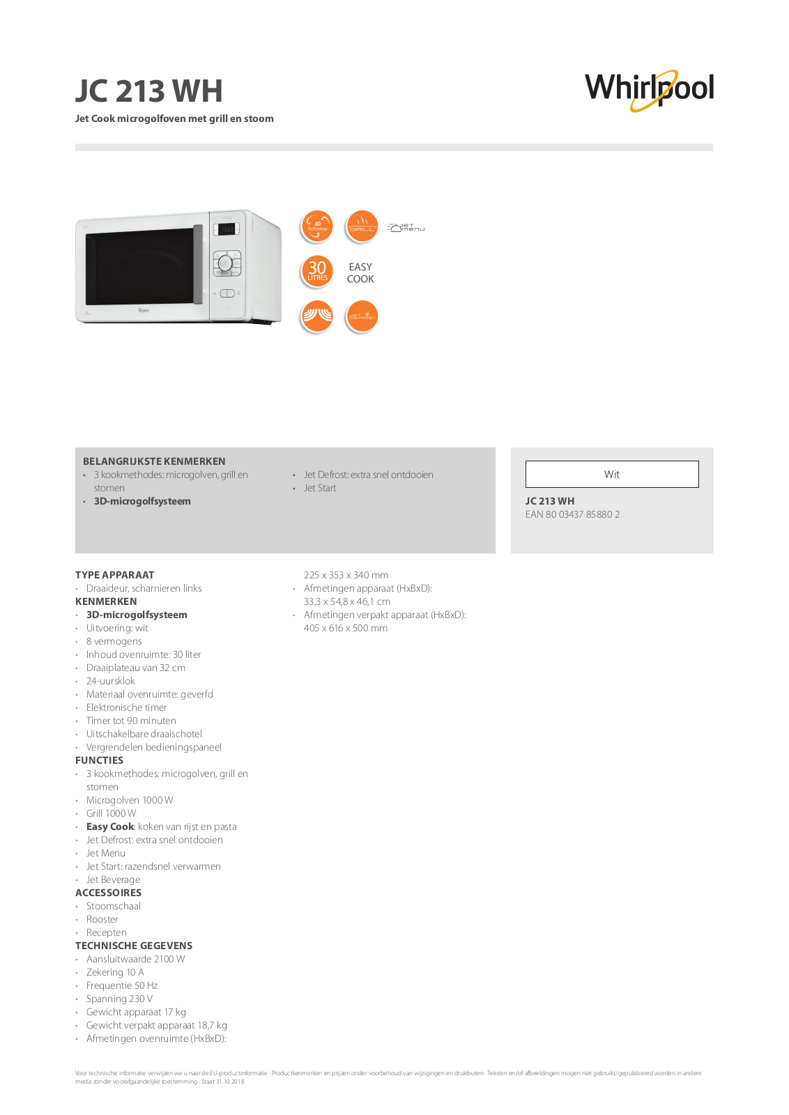 Whirlpool JC 213 WH Product information