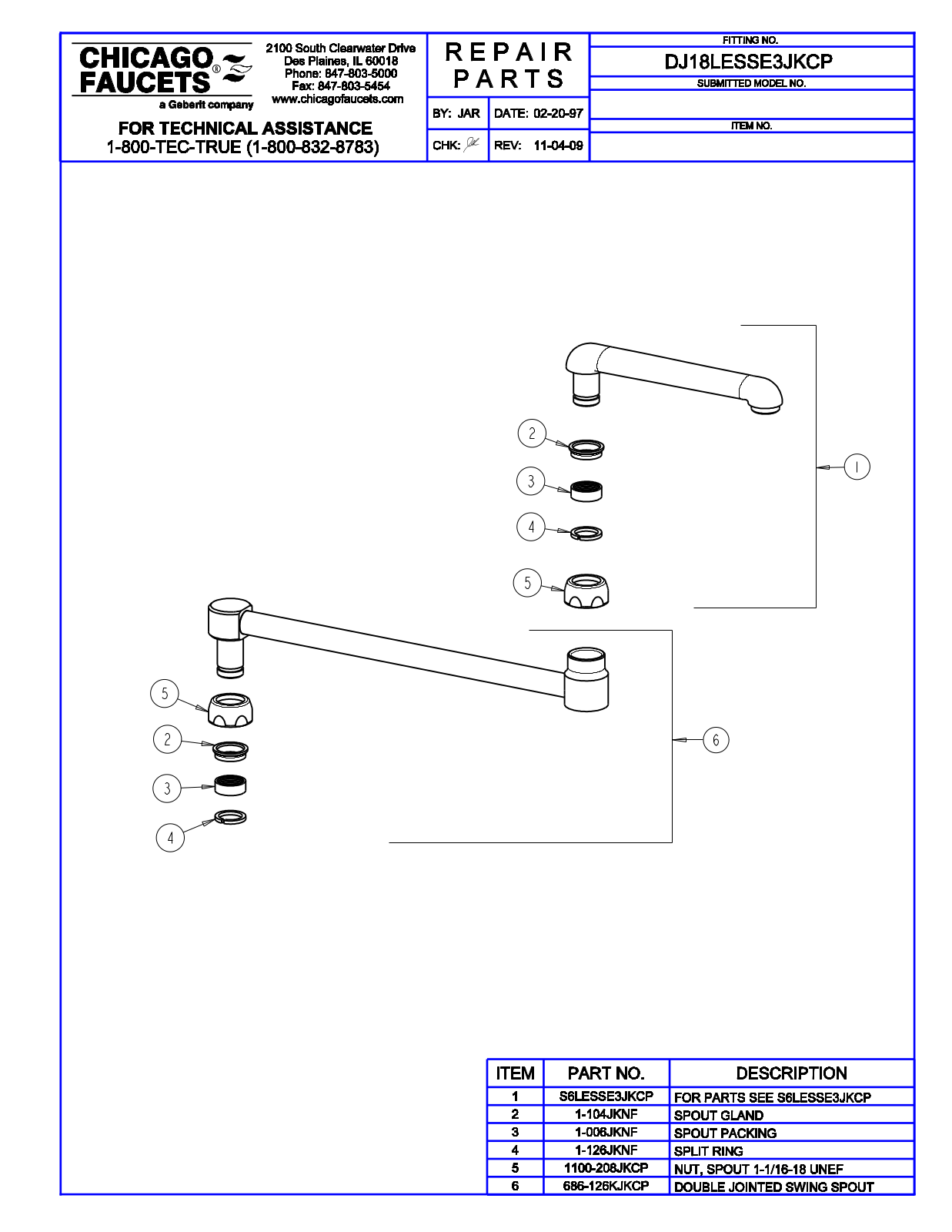 Chicago Faucet DJ18JK, DJ18LESSE3JK Parts List