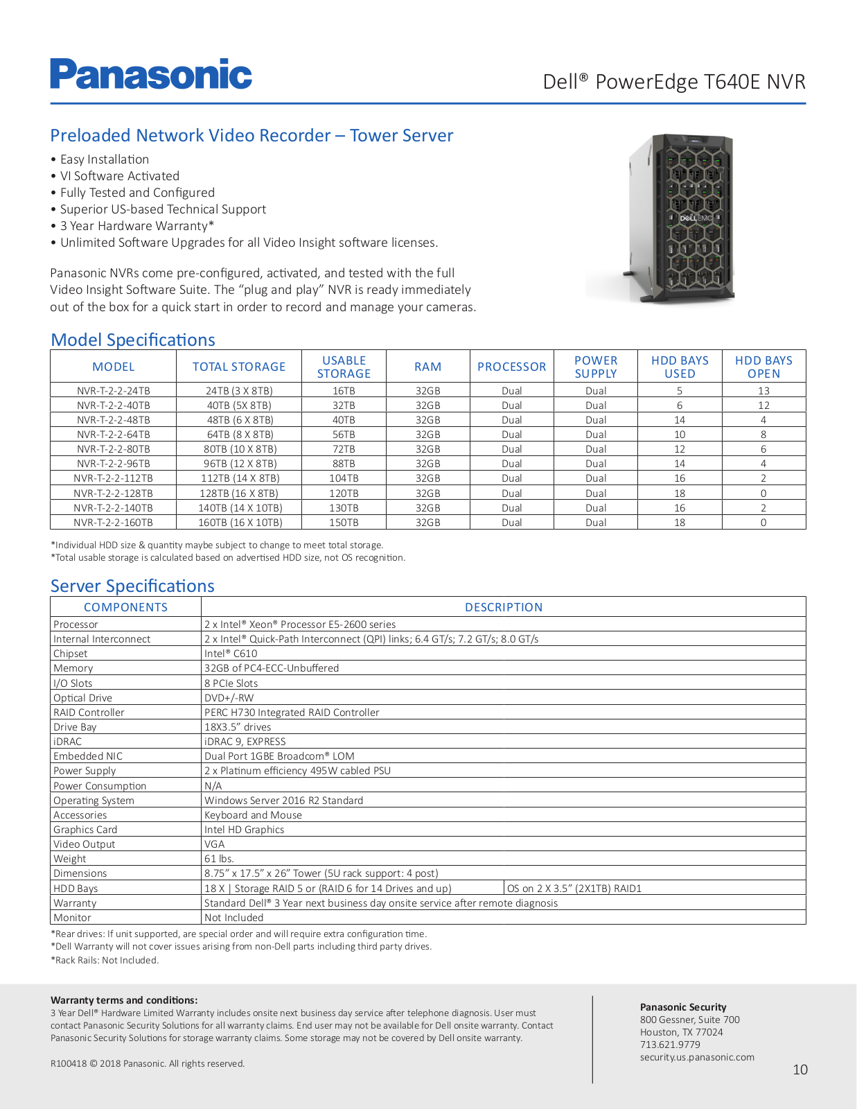 Panasonic NVR-T-2-2-128TB, NVR-T-2-2-140TB, NVR-T-2-2-160TB, NVR-T-2-2-64TB, NVR-T-2-2-80TB Specsheet