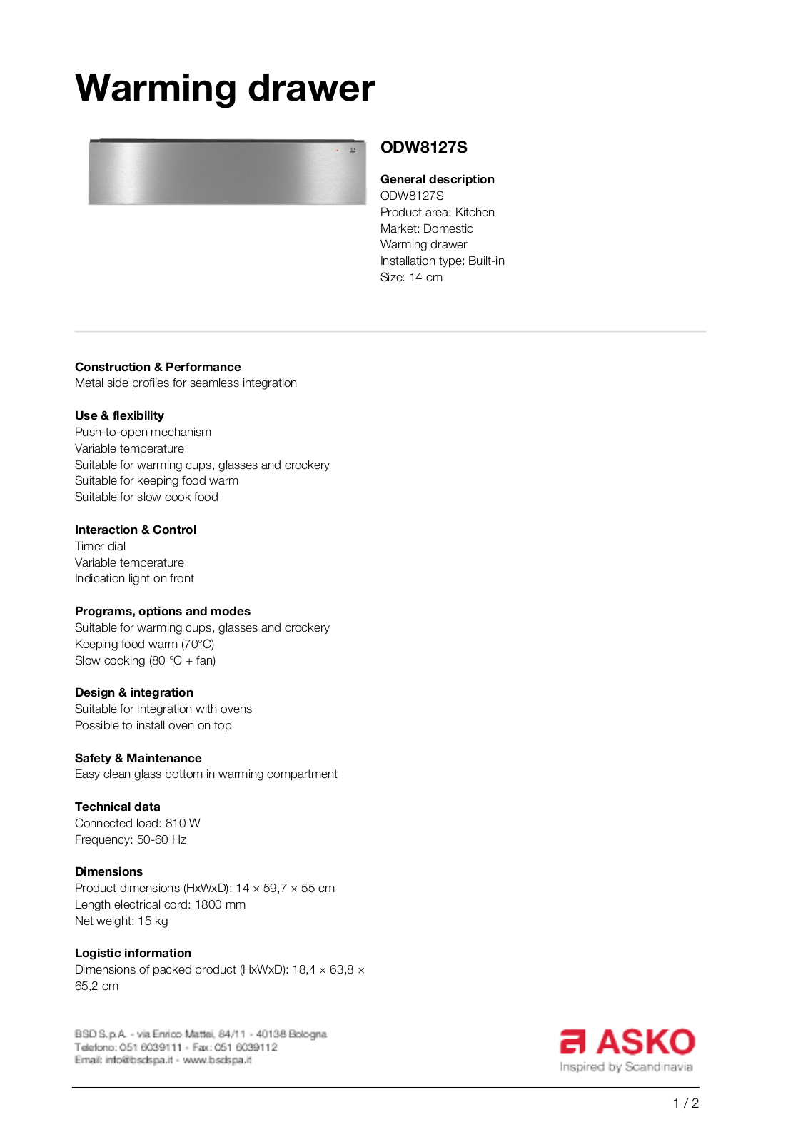 ASKO ODW8127S Specifications Sheet