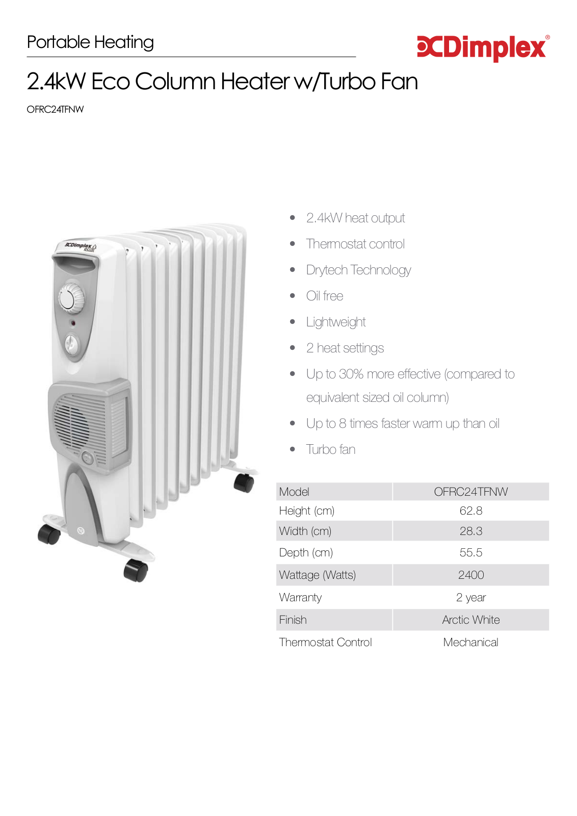 Dimplex OFRC24TFNW Specifications Sheet