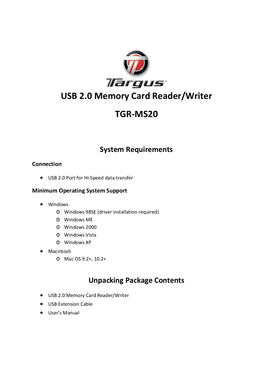 Targus TGRMS20 User Manual