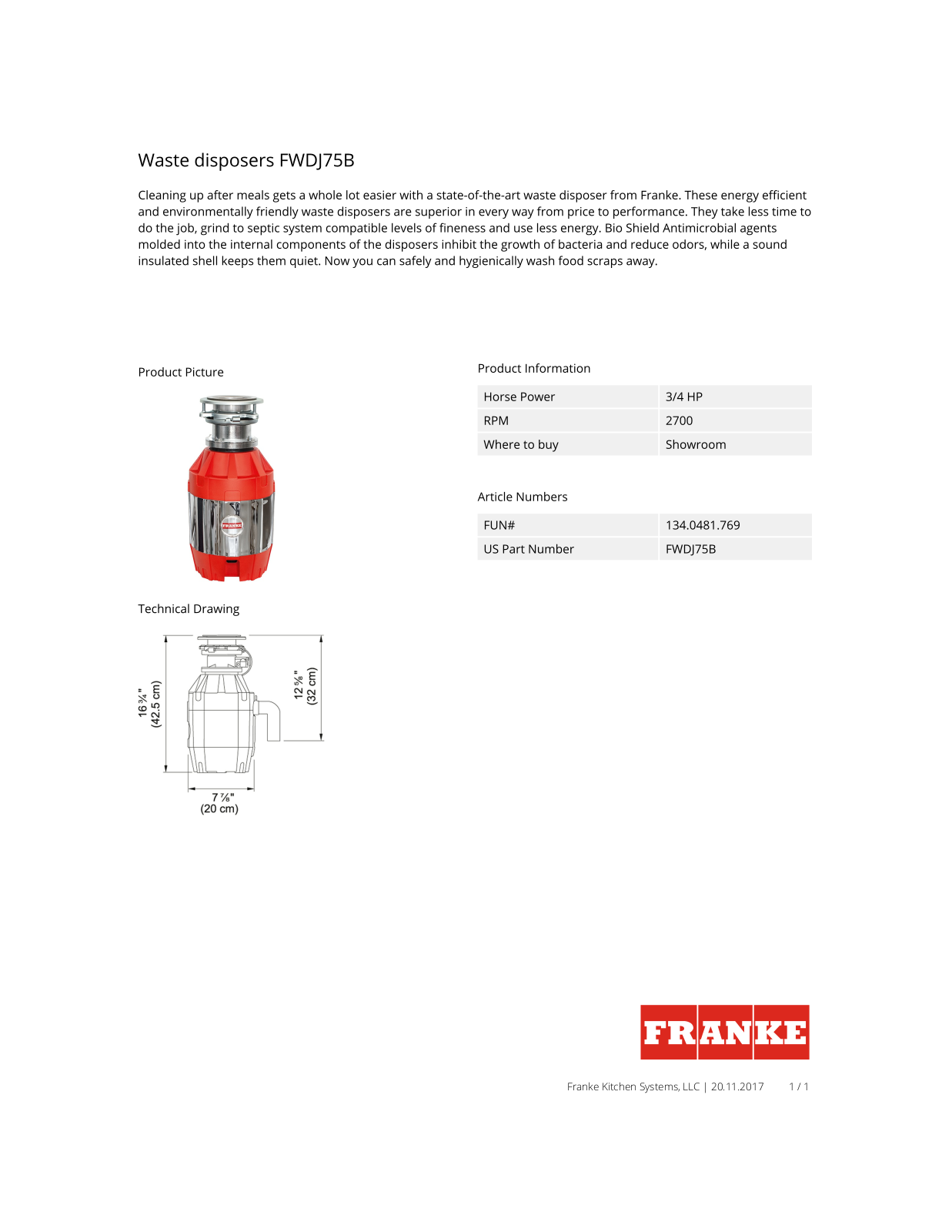 Franke FWDJ75B Specification Sheet