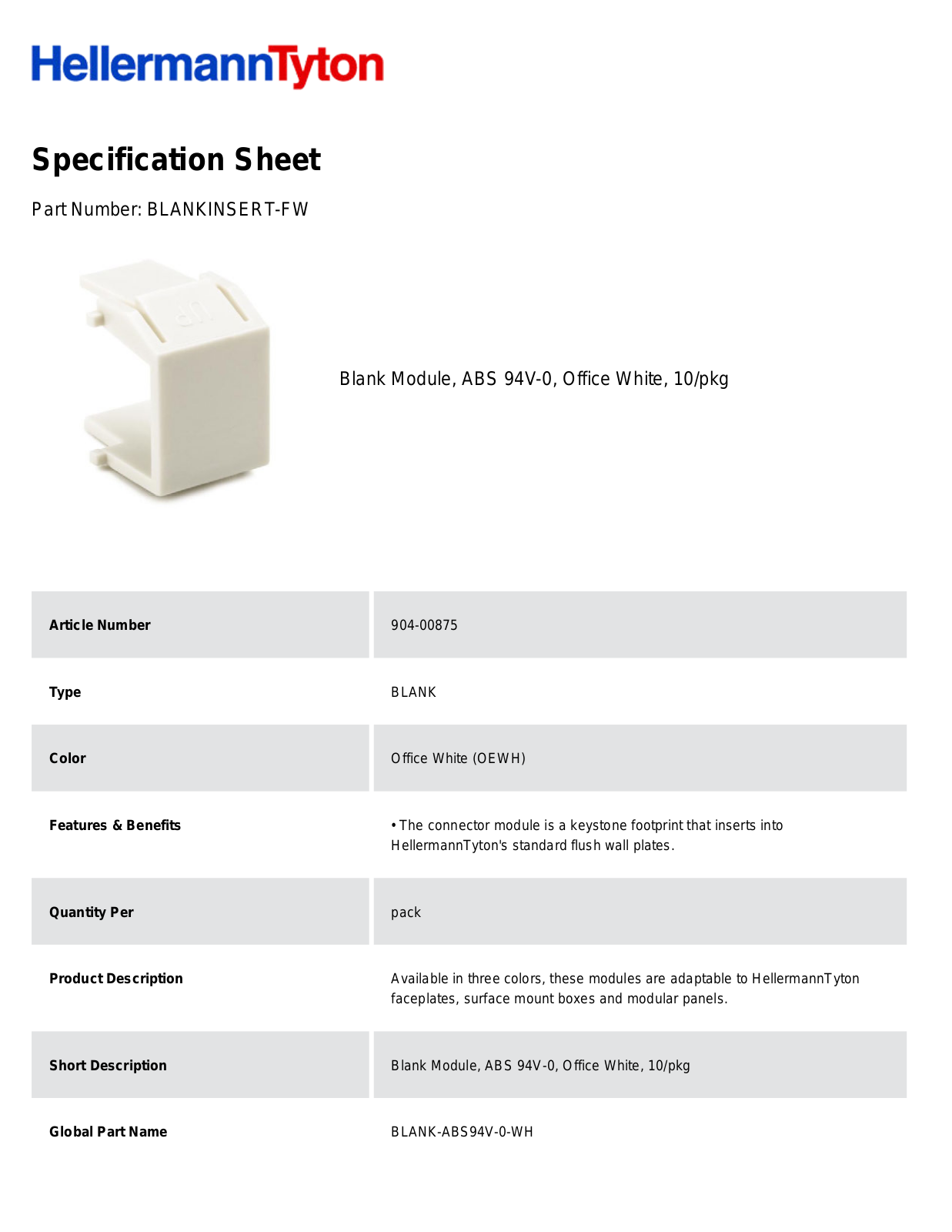HellermannTyton BLANKINSERT-FW Specification Sheet