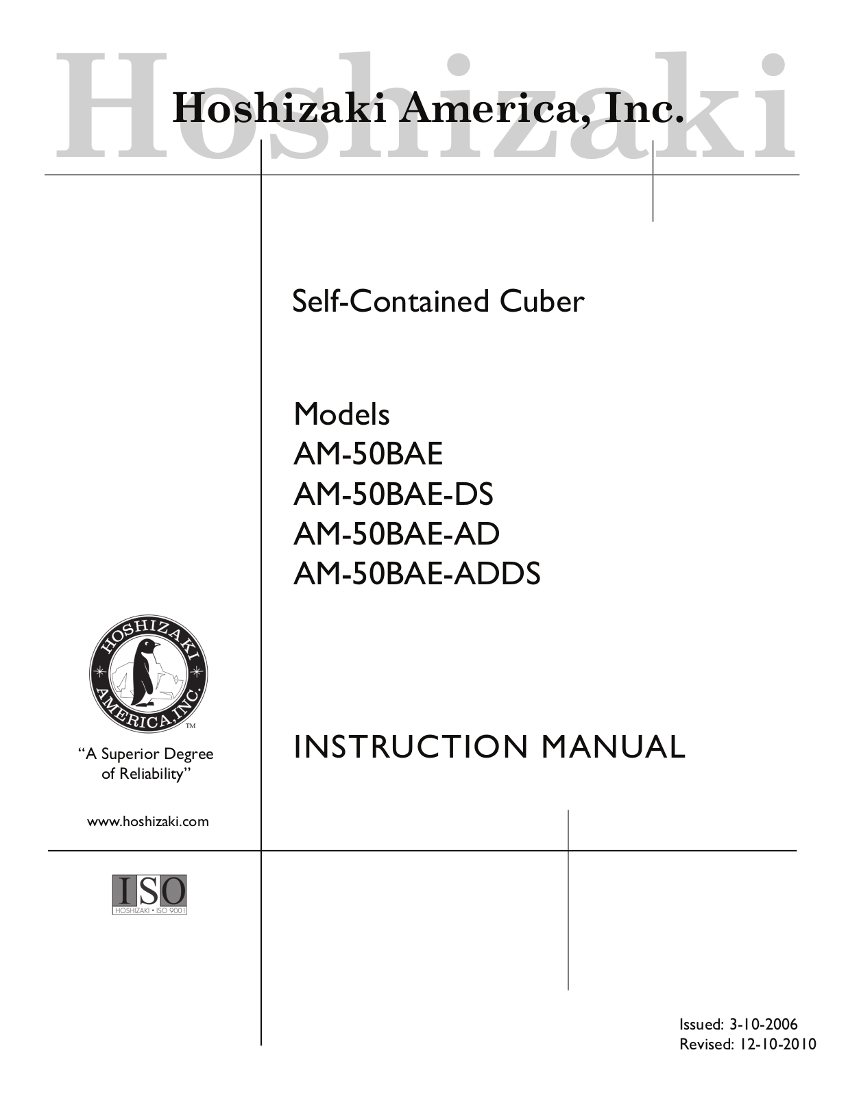 Hoshizaki American, Inc. AM-50BAE, AM-50BAE-DS, AM-50BAE-AD, AM-50BAE-ADDS Installation Manual