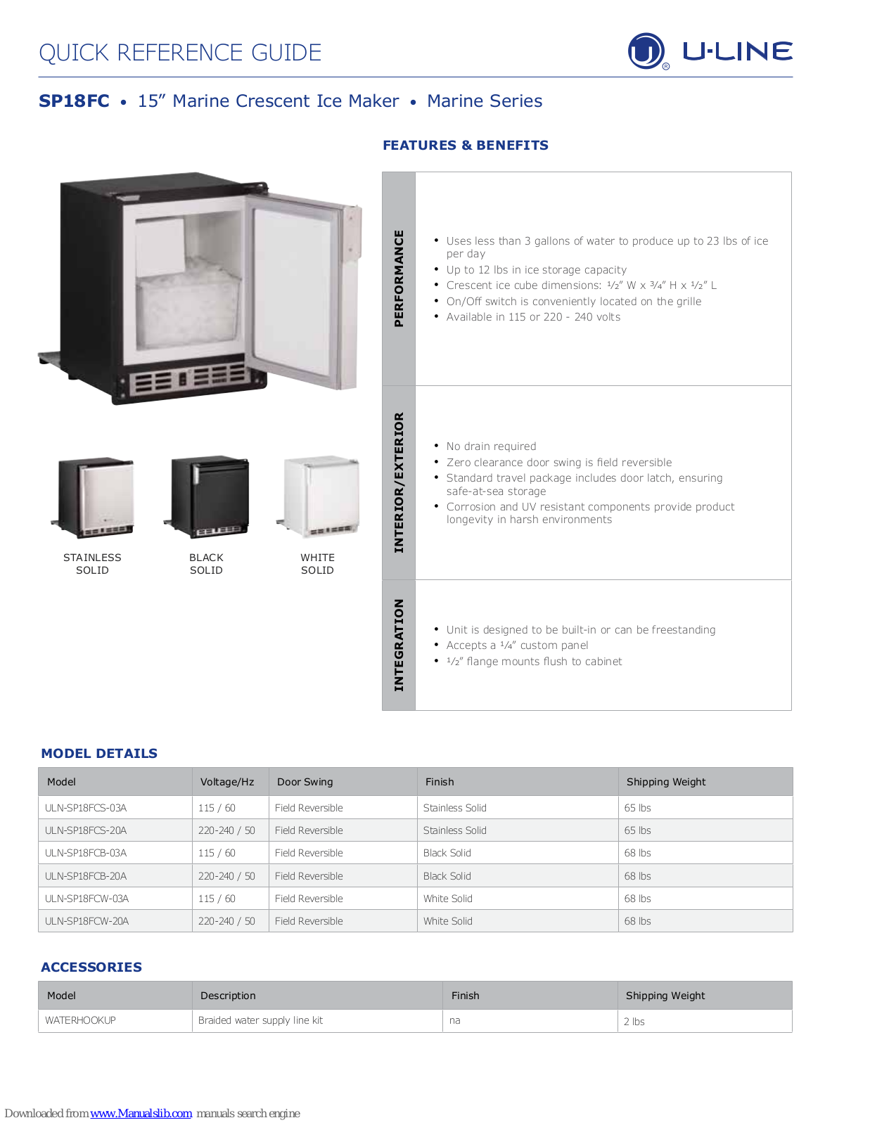 U-Line SP18FC, ULN-SP18FCS-03A, ULN-SP18FCS-20A, ULN-SP18FCB-03A, ULN-SP18FCB-20A Quick Reference Manual