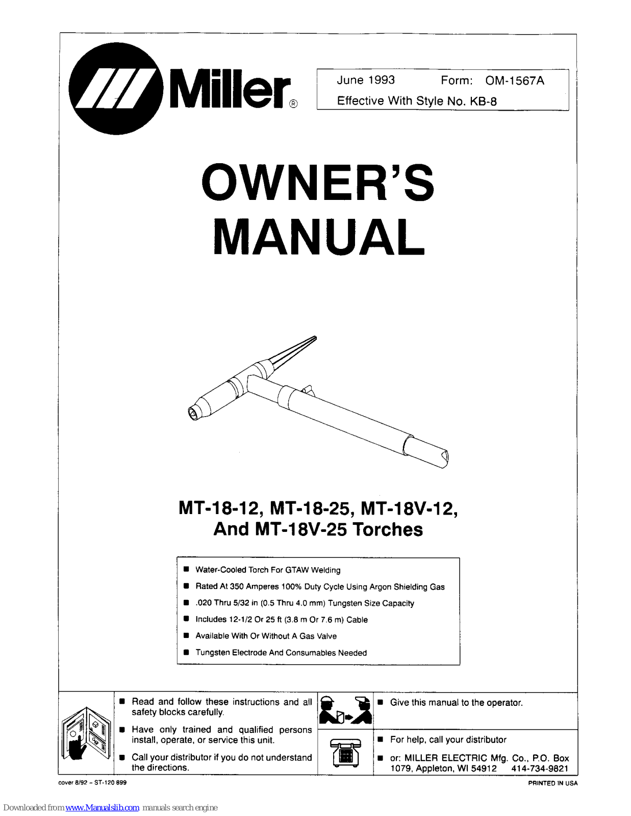 Miller Electric MT-18-12, MT-18V-12, MT-18-25, MT-18V-25 Owner's Manual