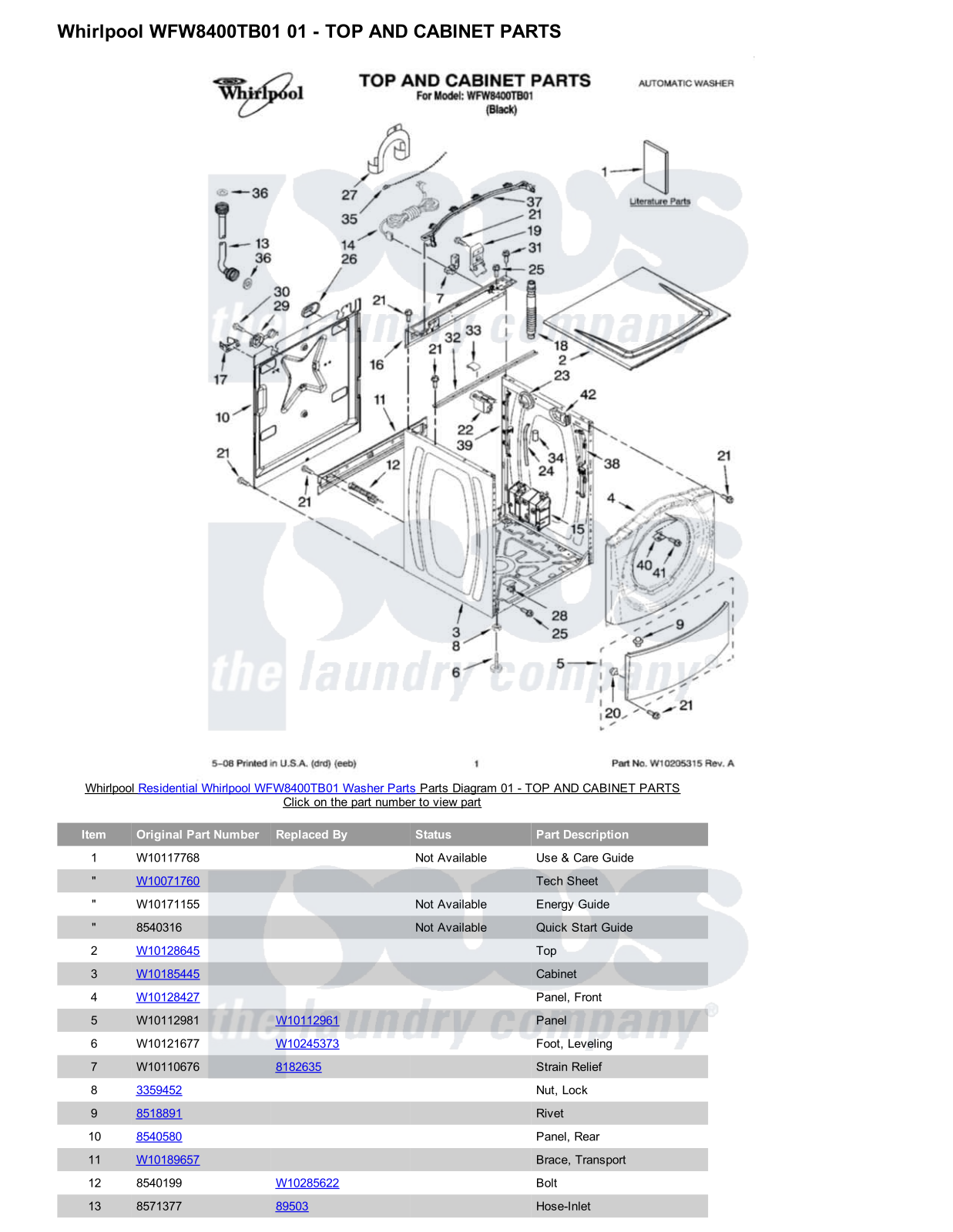 Whirlpool WFW8400TB01 Parts Diagram