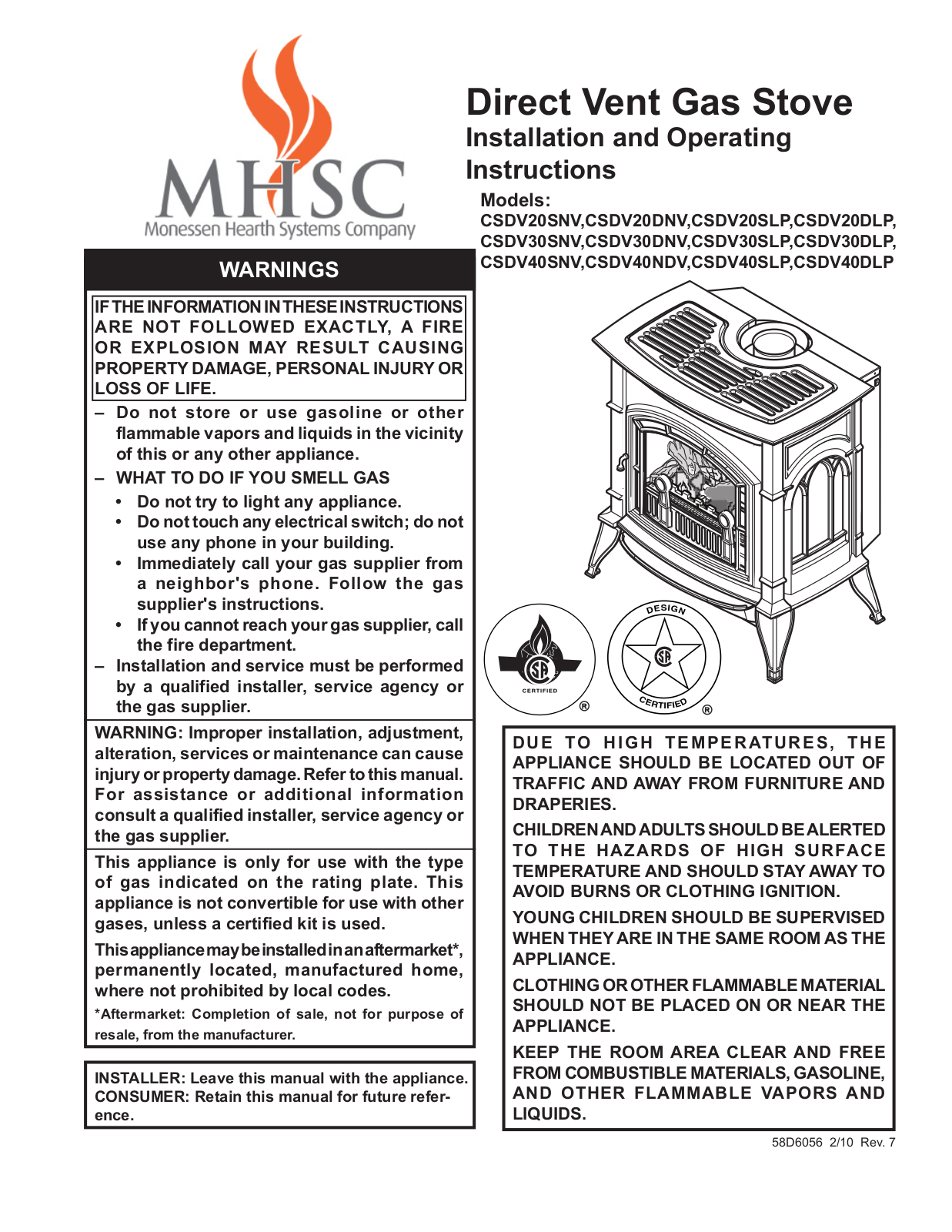 Monessen Hearth CSDV30SNV, CSDV40NDV, CSDV20SLP, CSDV30DLP, CSDV30DNV User Manual