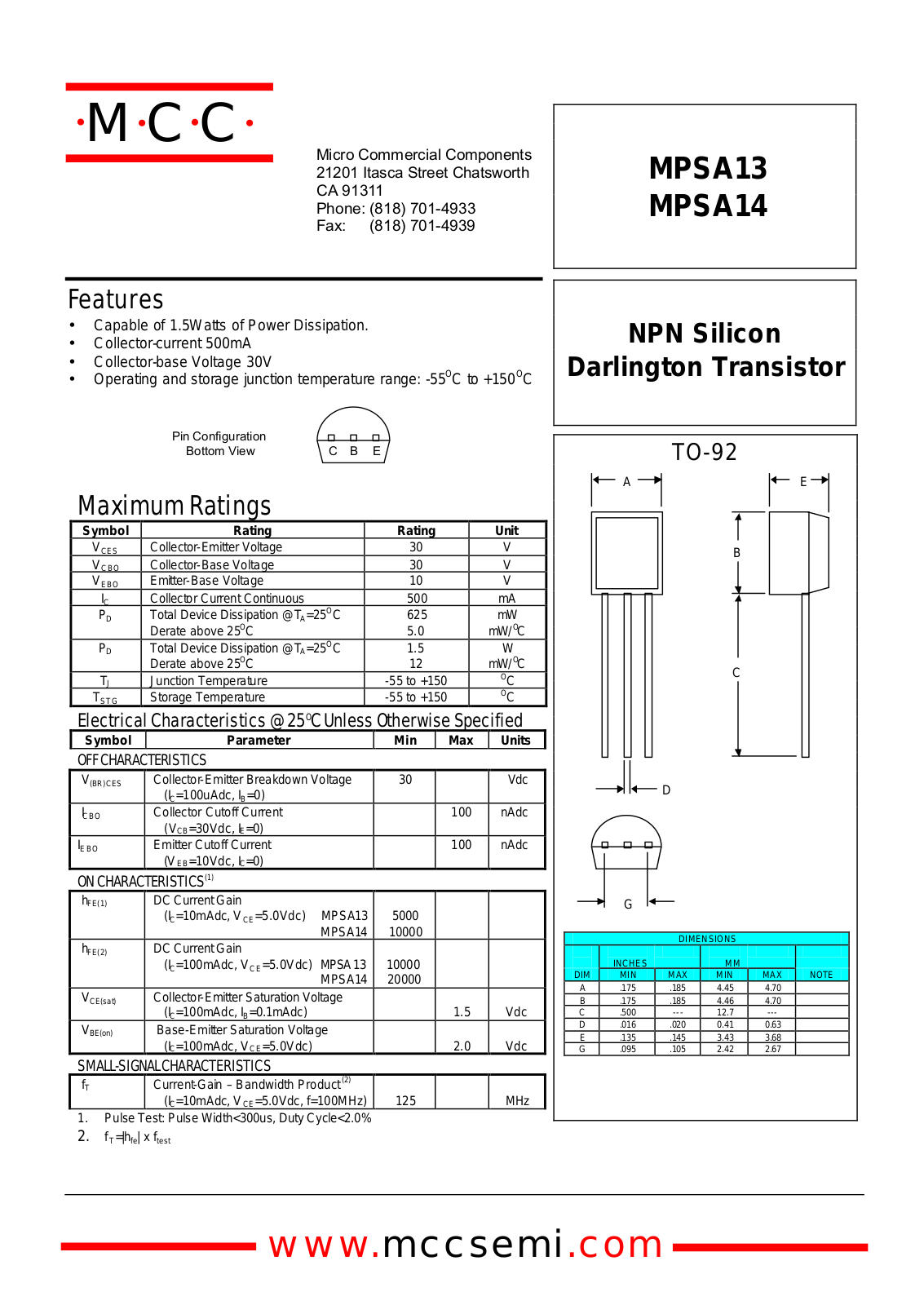 MCC MPSA13, MPSA14 Datasheet