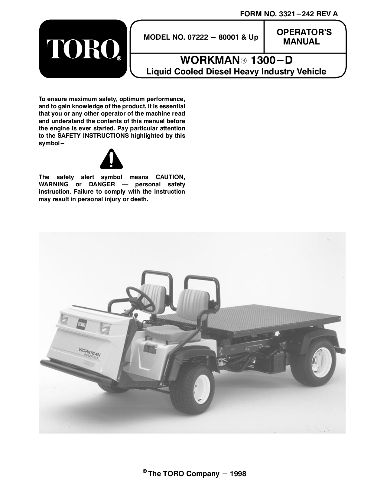 Toro 07222, Workman 1300-D, 07230, Workman 3320-D, Workman 3310-D Operator's Manual