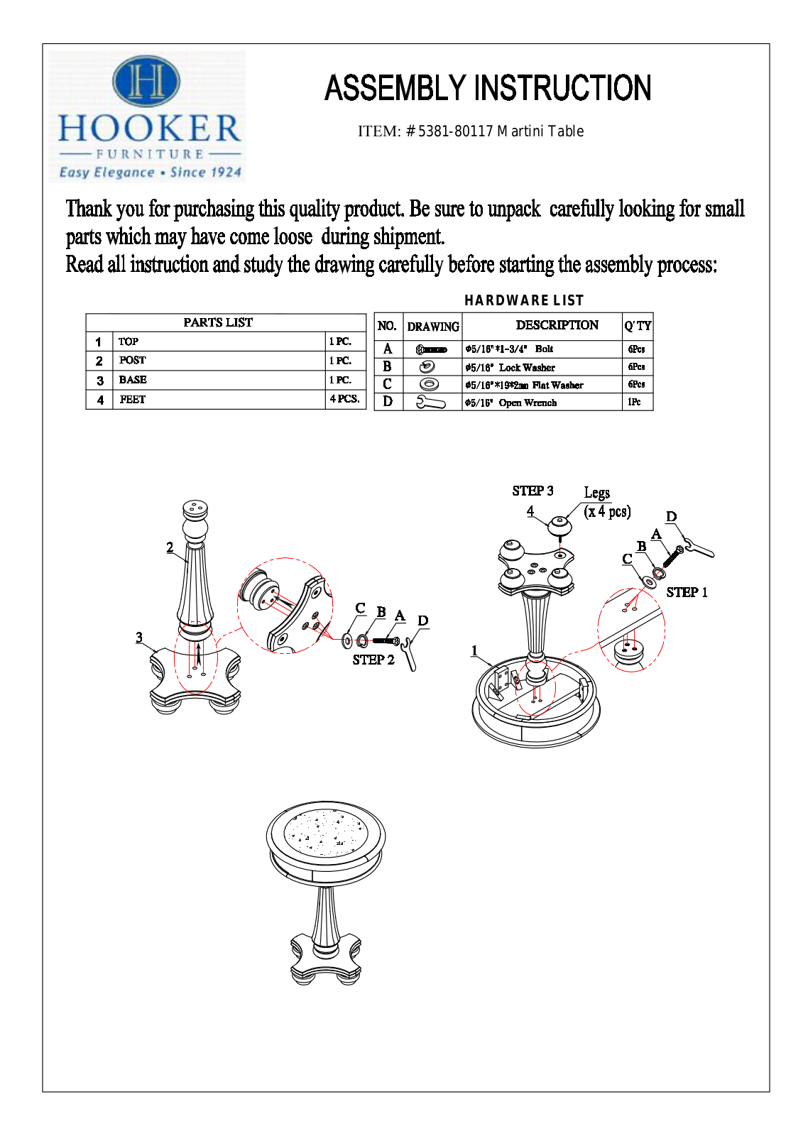 Hooker Furniture 538180117 Assembly Guide