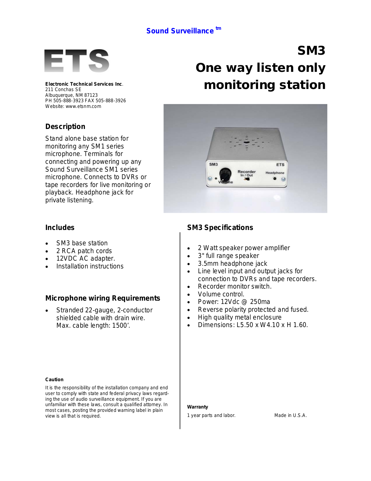 ETS SM3 Specsheet