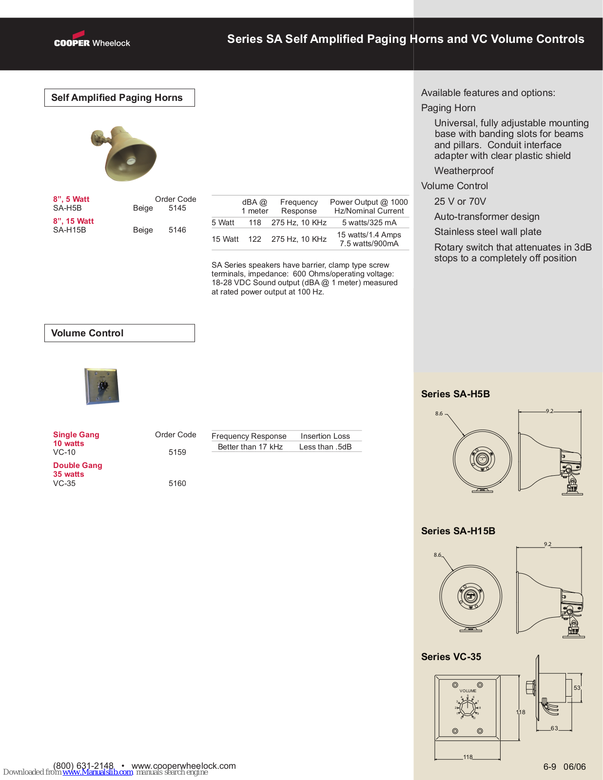 Cooper Wheelock Series SA-H5B, VC-10, SA-H15B, VC-35 Specification