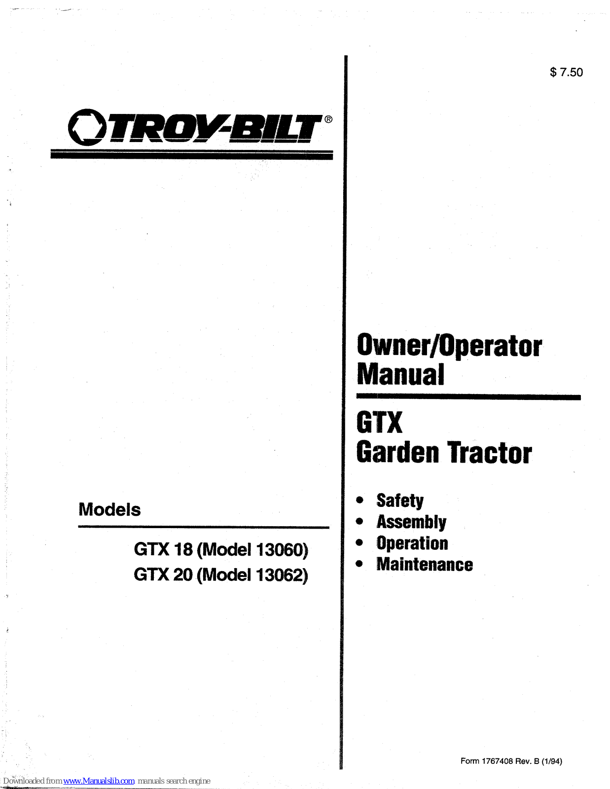 Troy-Bilt GTX 18, GTX 20, 13062 Owner's/operator's Manual