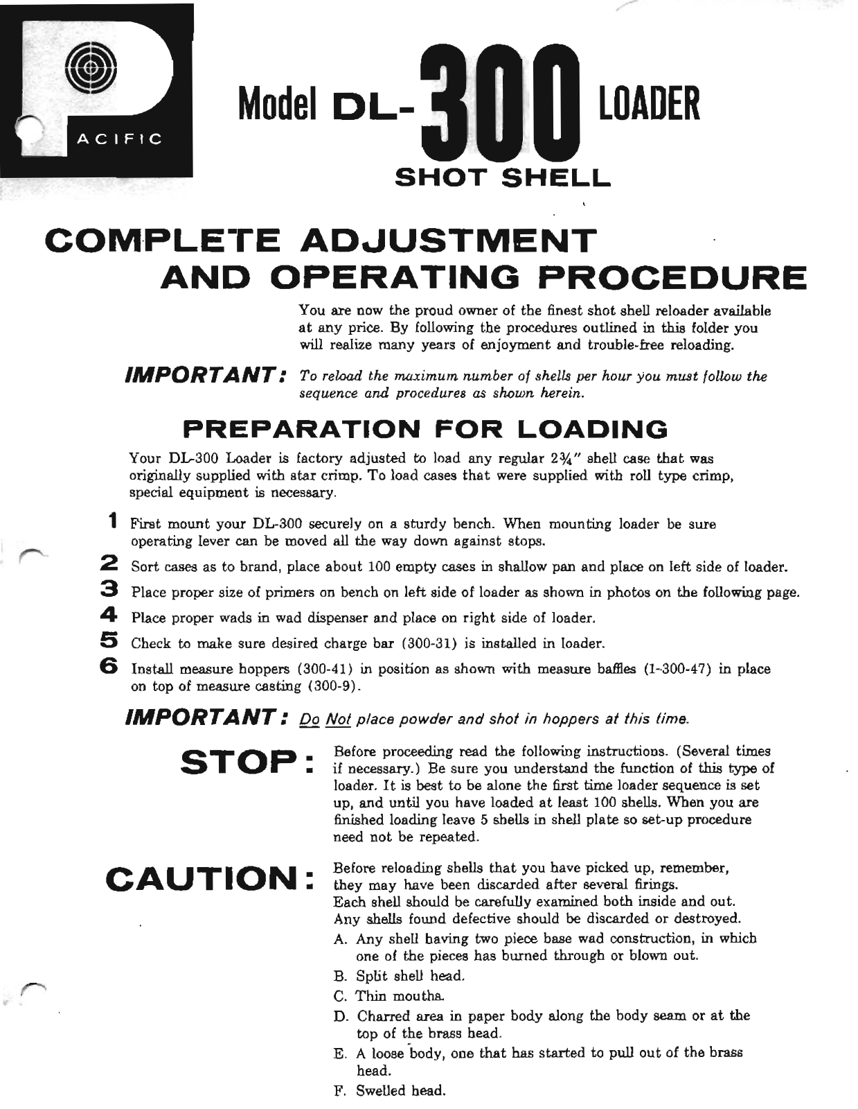 Pacific DL-300 Operating Instructions