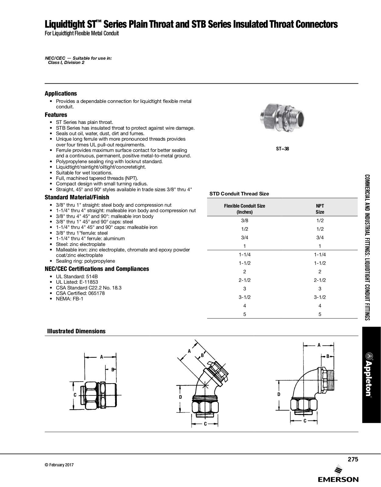 Appleton Liquidtight ST™ Series Plain Throat and STB Series Insulated Throat Connectors Catalog Page