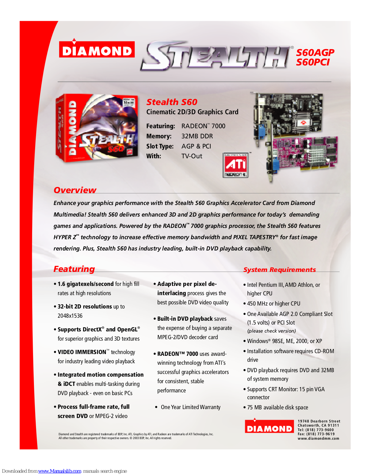 Diamond Multimedia Radeon 7000, Radeon S60, Radeon S60AGP, Radeon S60PCI, Stealth S60 Specification Sheet