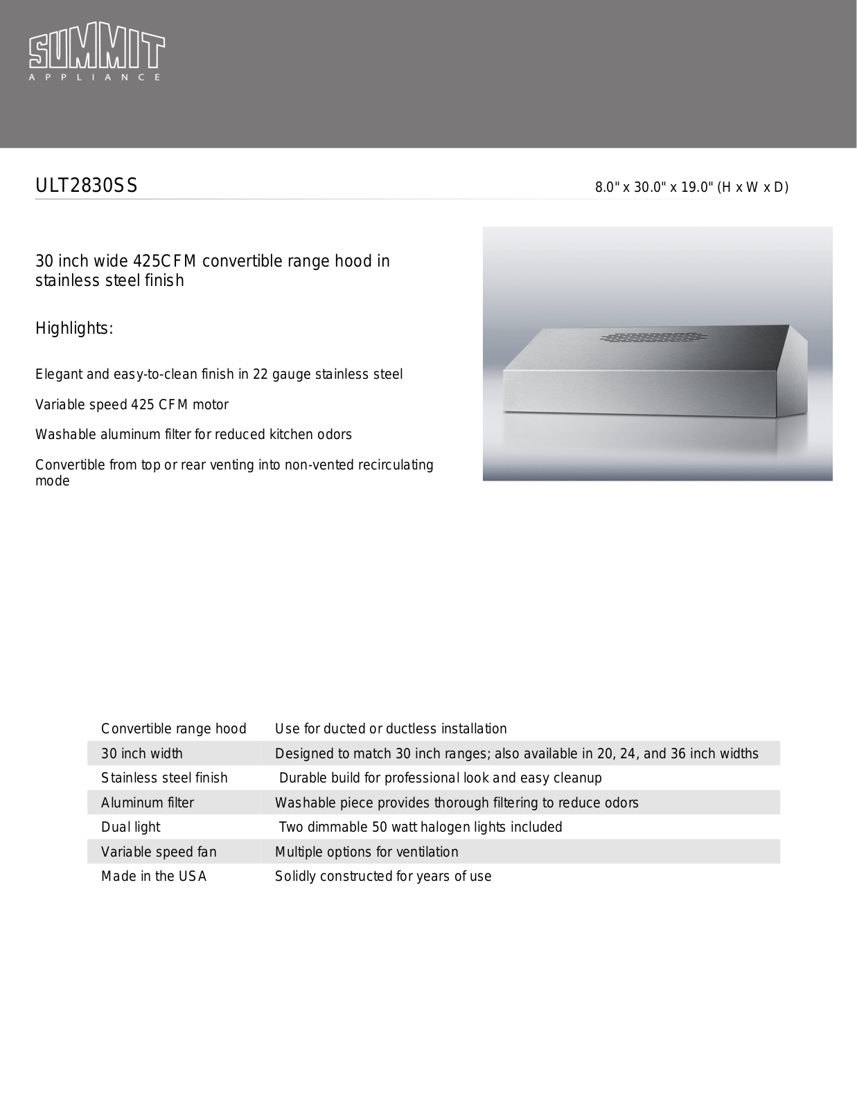 Summit ULT2830SS User Manual