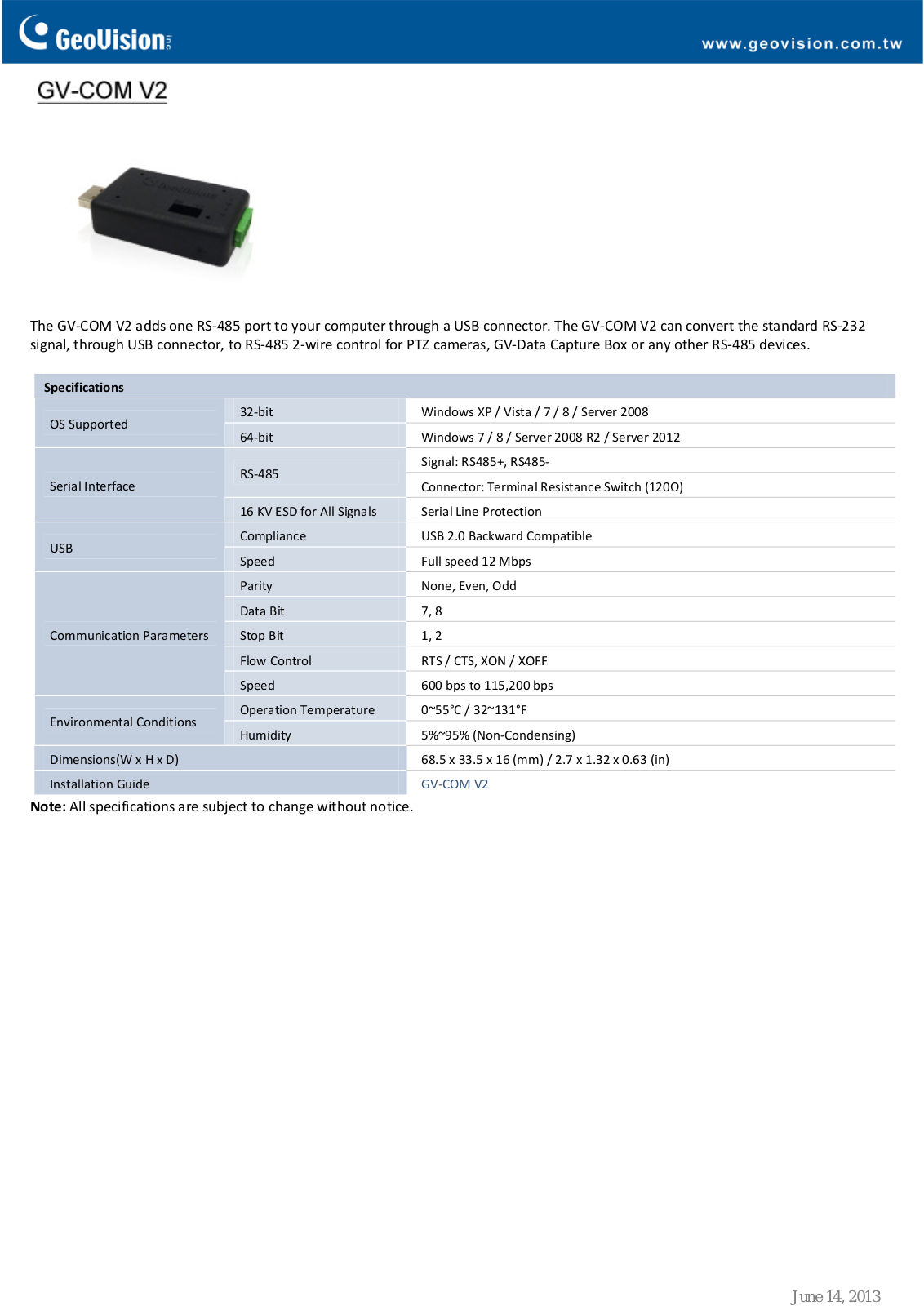 Geovision GV‐COM V2 Specsheet