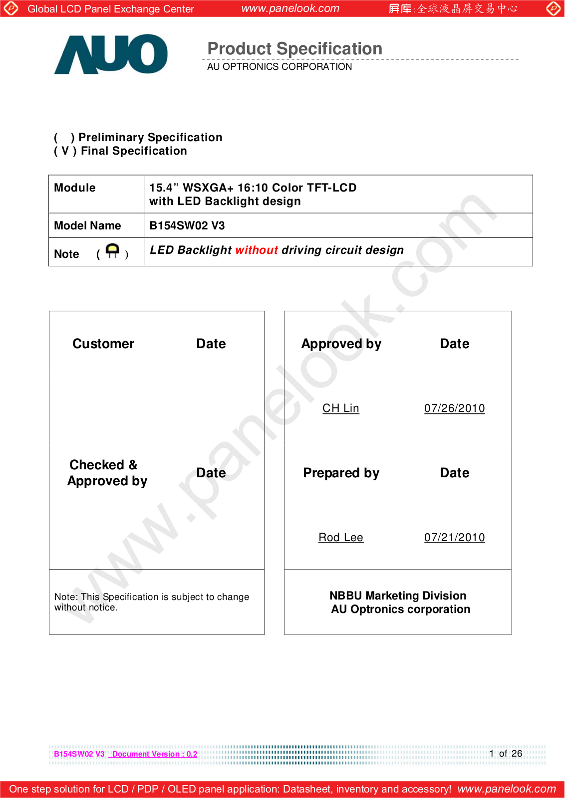 AUO B154SW02 V3 Specification