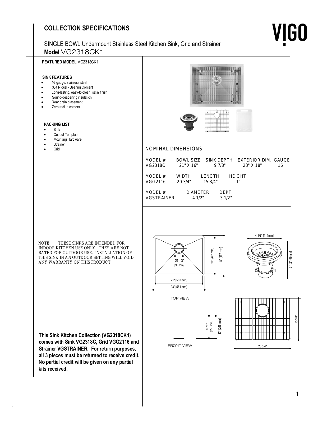 Vigo VG2318CK1 Specifications