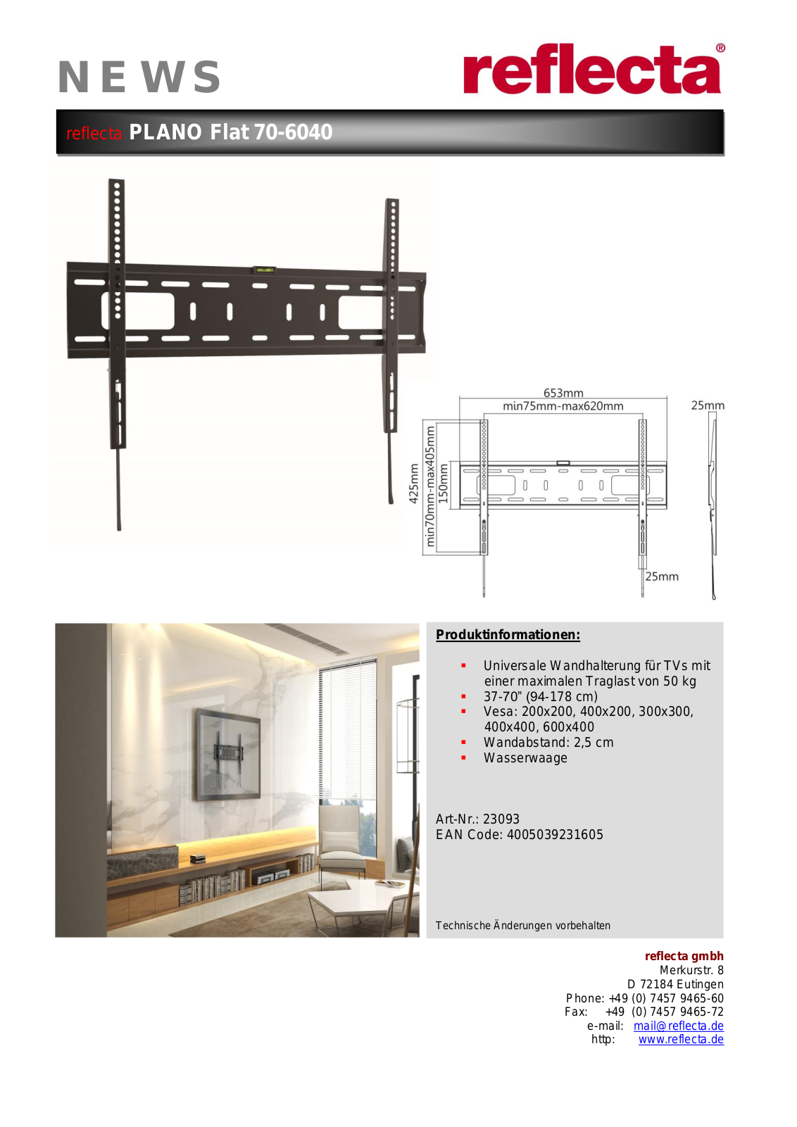 Reflecta Plano Flat 70-6040 User Manual