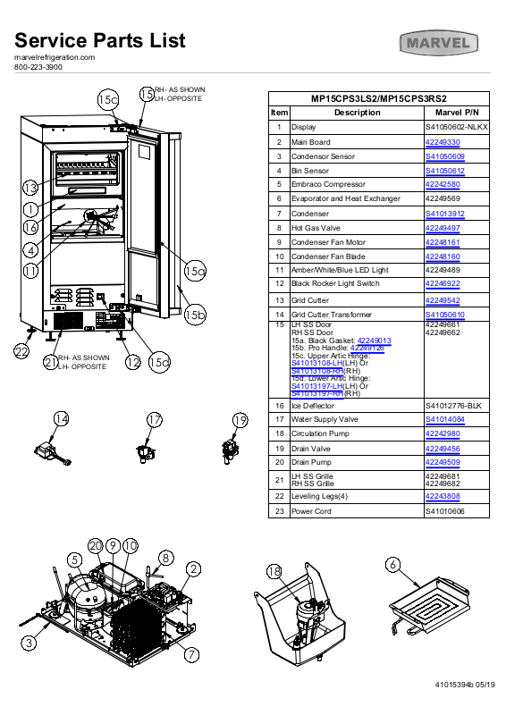 Marvel Refrigeration MP15CP Parts List